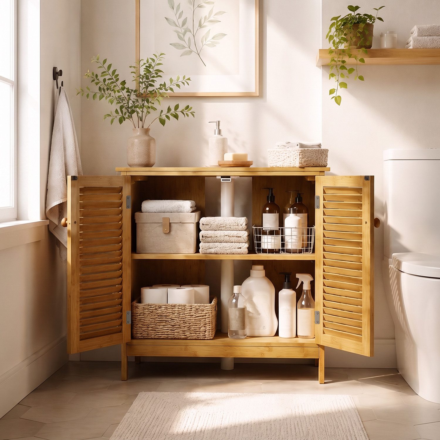 Blishom Waschbeckenschrank Waschbeckenunterschrank mit Lamellentüren und Einlegeboden Badschrank, Badezimmer, Unterschrank, Magnetverschluss