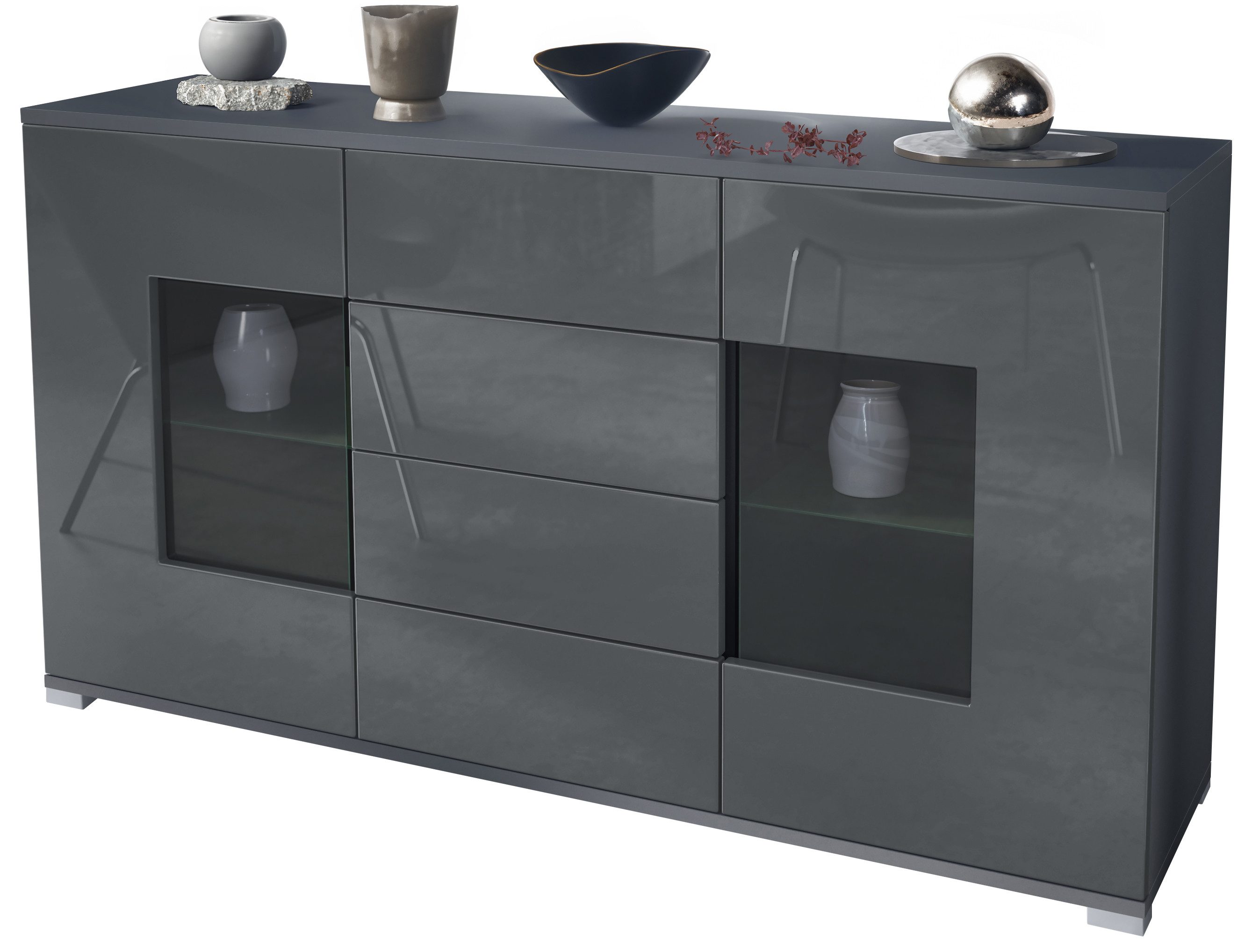 Vladon Sideboard Grömitz V1 (Kommode mit 2 Türen, 4 Schubladen und 2 flexible Glaseinlegeböden), Anthrazit matt/Grau Hochglanz (138,5 x 75,5 x 35)