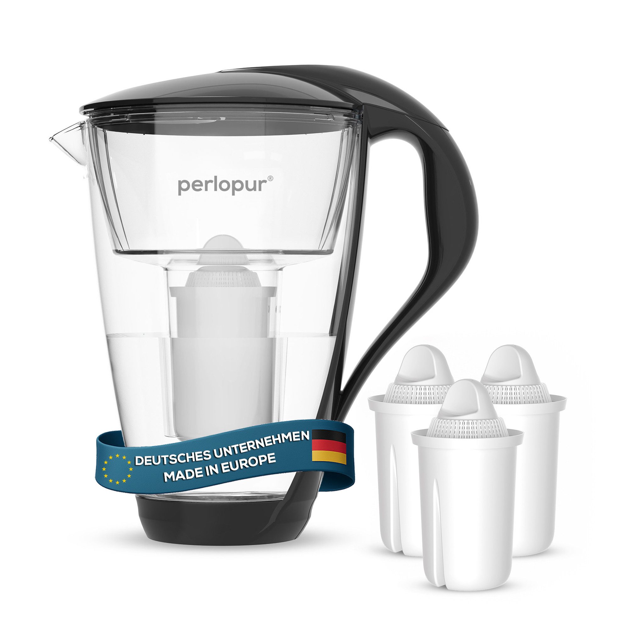 PerloPur Wasserfilter PearlCo Glas Wasserfilter Schwarz Inkl. 3 Universal Filterkartuschen, Zubehör für Brita Classic u. PearlCo Classic