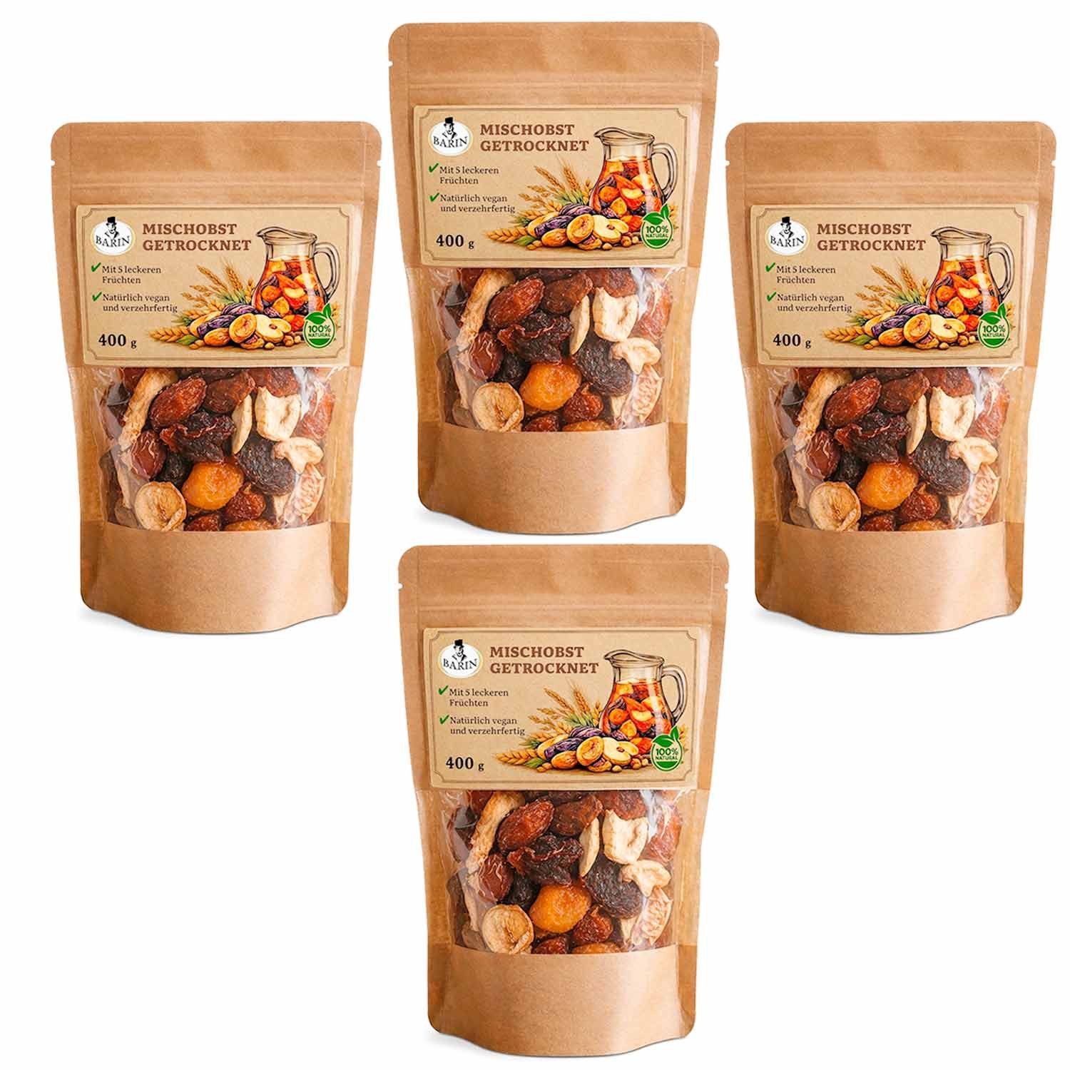 BARIN Trockenfrüchte 4x Mischobst getrocknet, 1 x 1600 g, 4 St. (Naturbelassen & ohne Zusatzstoffe, eine Mischung aus Apfel -Aprikose -Süßkirsche - Bergkirsche - Pfirsich), frisch-aromatische Kombination aus Usbekistan
