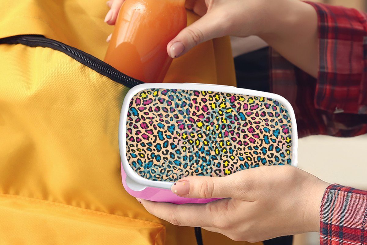Kunststoff, - Muster für Brotbox Kinder, MuchoWow - (2-tlg), Pantherdruck Farben, Snackbox, Kunststoff Erwachsene, Mädchen, rosa Lunchbox Brotdose