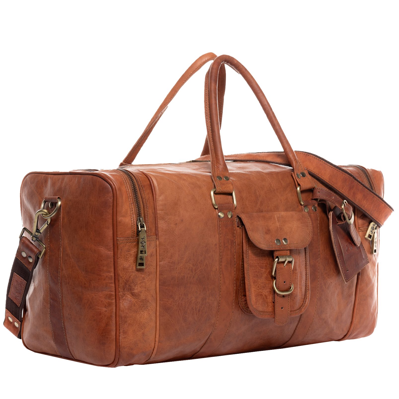 SID & VAIN Reisetasche Weekender aus Leder Unisex LANDON in kastanie (1x Reisetasche, 1x Schultergurt, 1x Dustbag, 1x Adressanhänger), Hochwertige Reisetasche Ziegenleder 60 cm in Kastanien braun