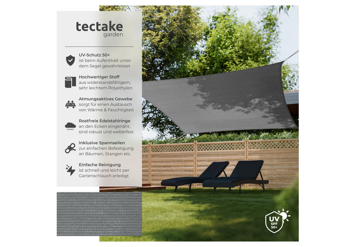 Thumbnail - tectake Sonnensegel, (Set, 3 x 3 m), rechteckig mit UV-Schutz 50+