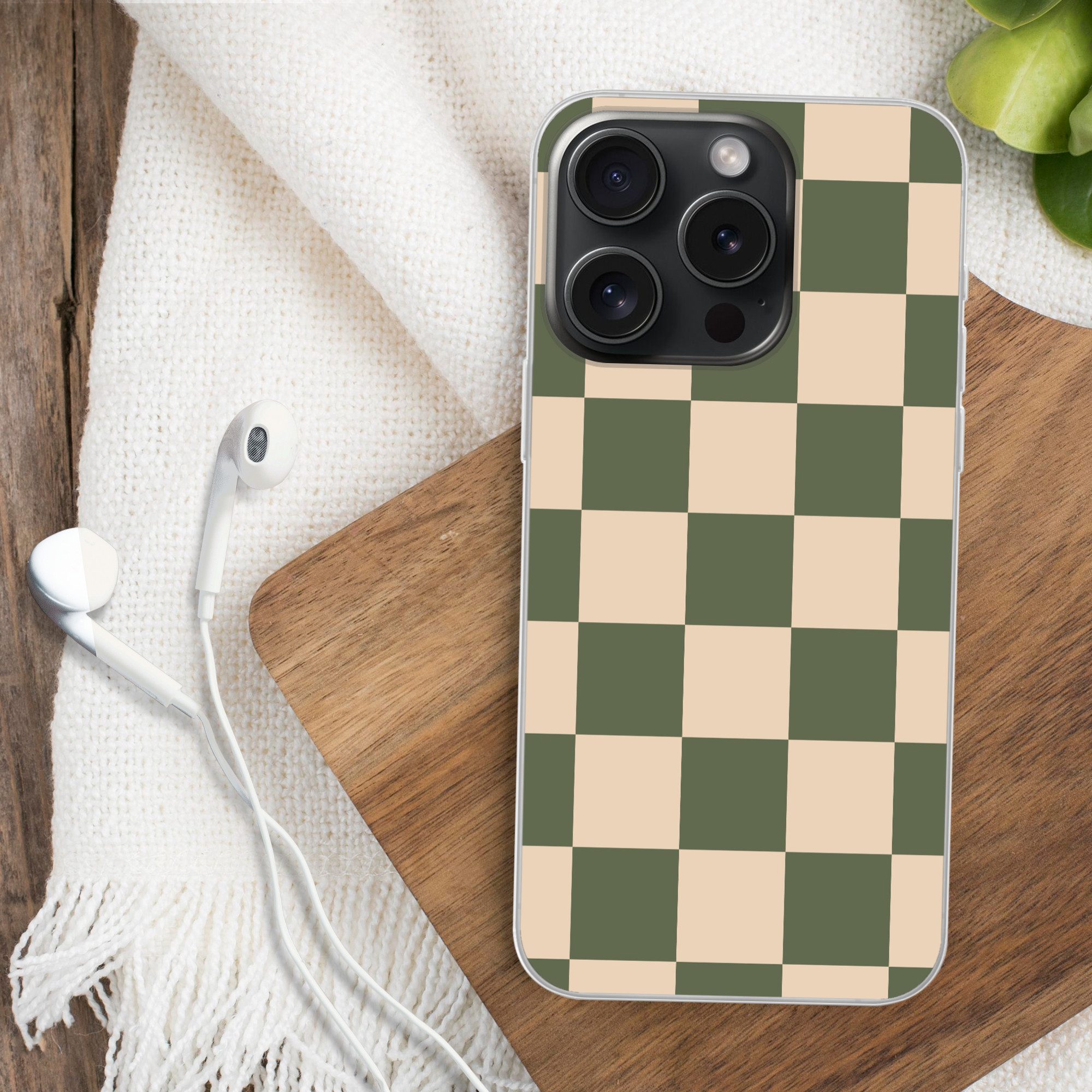 MuchoWow Handyhülle für Apple iPhone 15 Pro Schachbrettmuster - Grün - Beige - Blöcke, Smartphone-Bumper, Print, Handy Schutzhülle Dünn