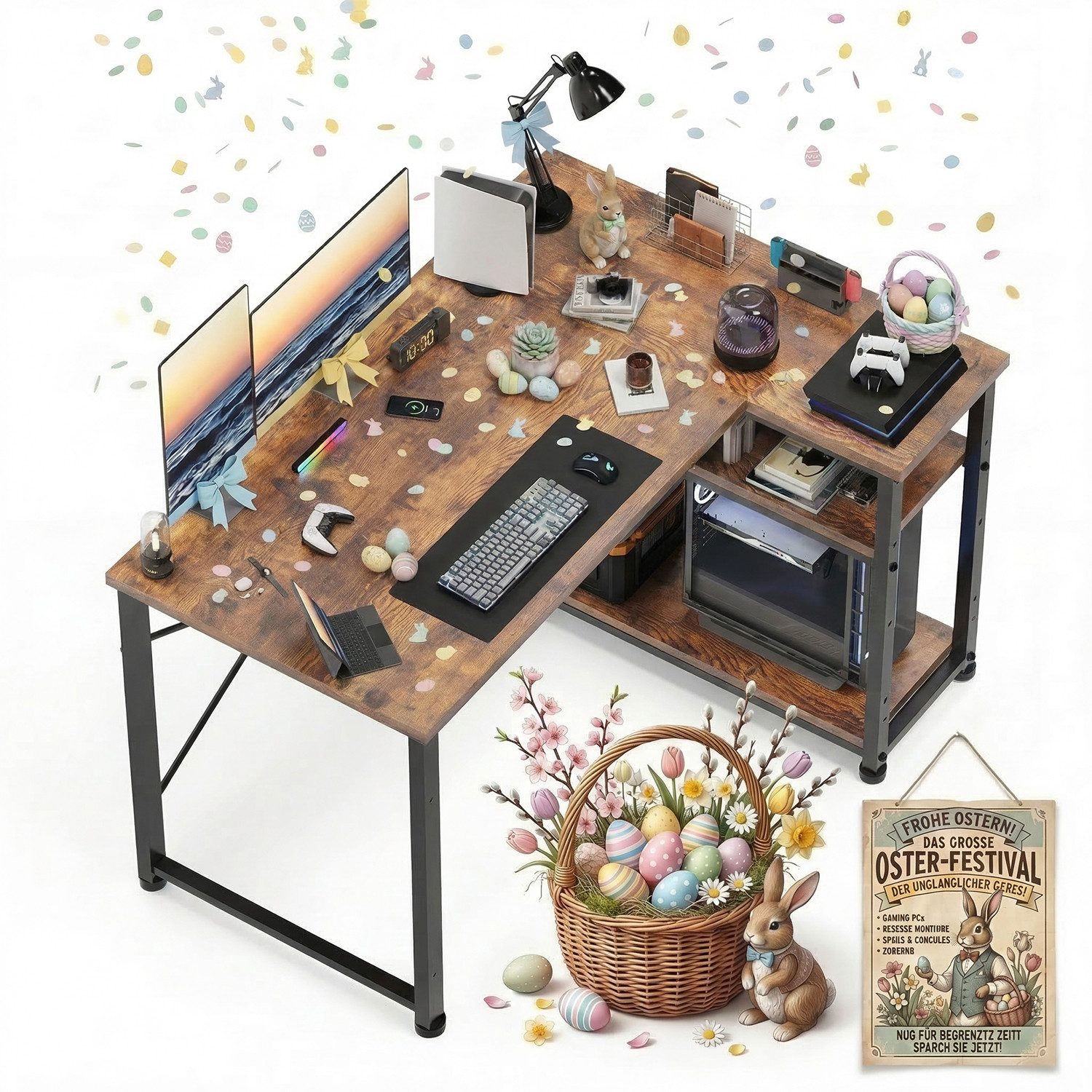 GUNJI Eckschreibtisch Eckschreibtisch Umkehrbarer L-förmiger Computer schreibtisch mit Hutch (Schreibtisch mit verstellbaren Regalen)