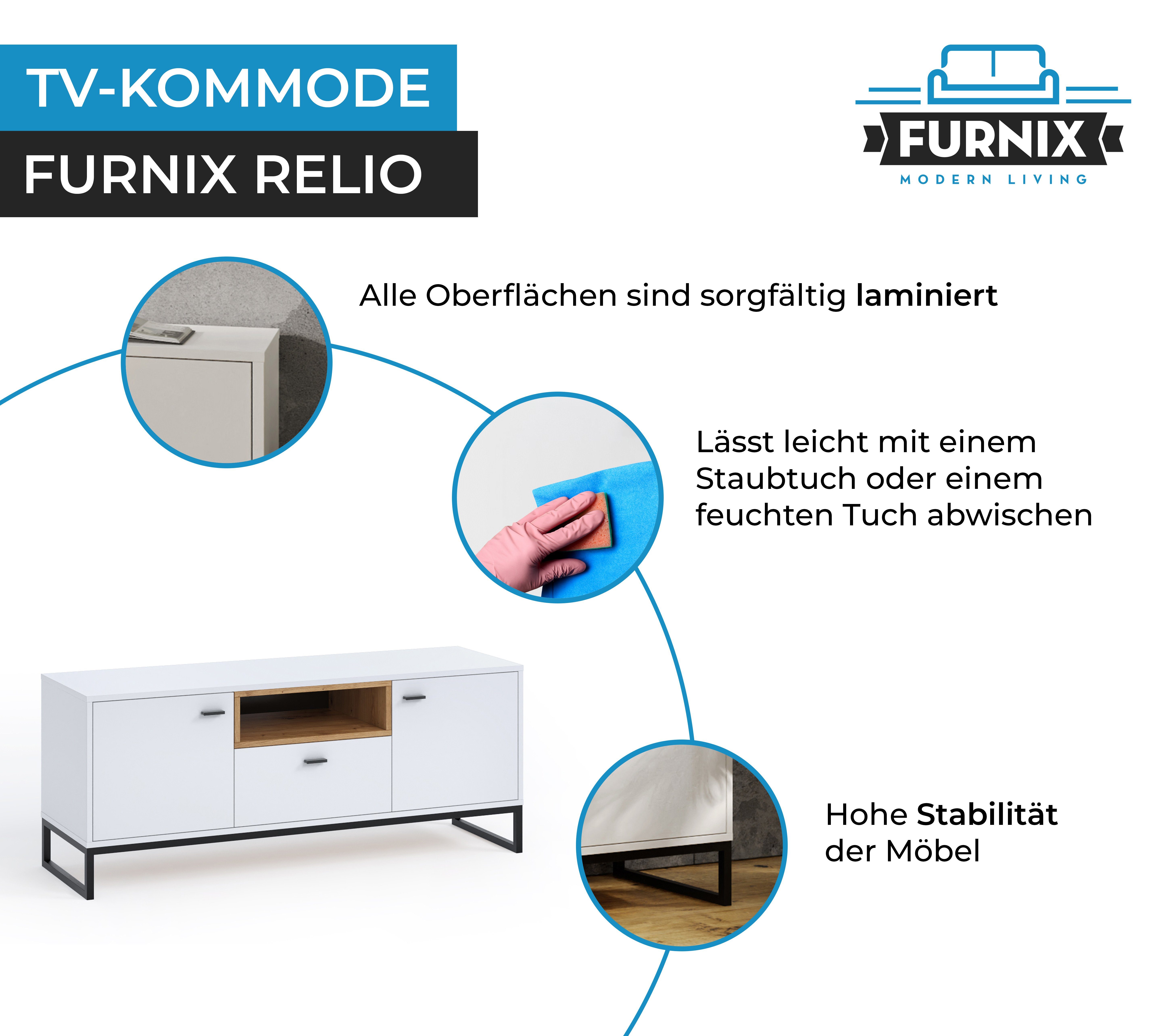TV-Kommode RELIO TV-Board x cm Furnix mit, TV-Schrank Türen, Lowboard 2 H55 Ablage, Schublade, Weiß/Artisan B135x T40