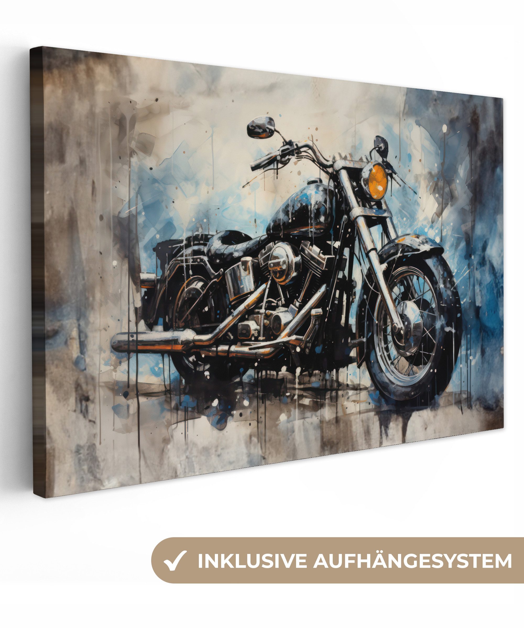 Leinwandbild Motorrad - Fahrrad - Blau - Pastell - Weiß