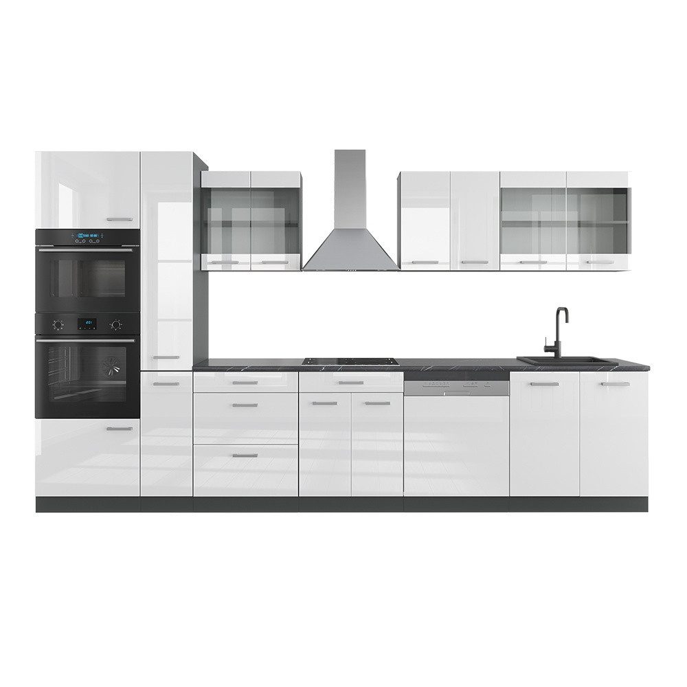 Vicco Küchenzeile R-Line, Weiß Hochglanz/Anthrazit, 350 cm mit Hochschrank