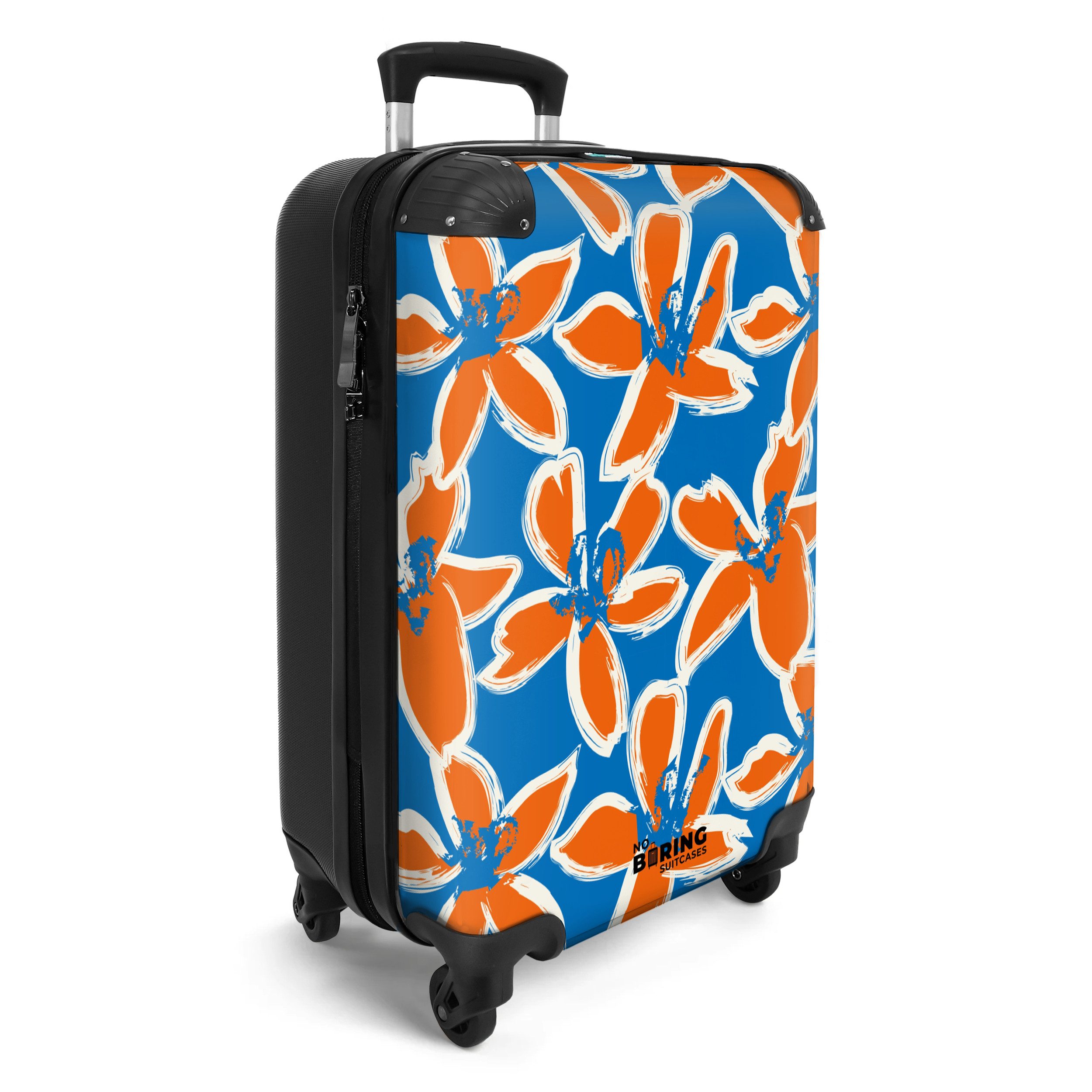 NoBoringSuitcases.com© Hartschalen-Trolley Blau mit orangefarbenen Blumen günstig online kaufen