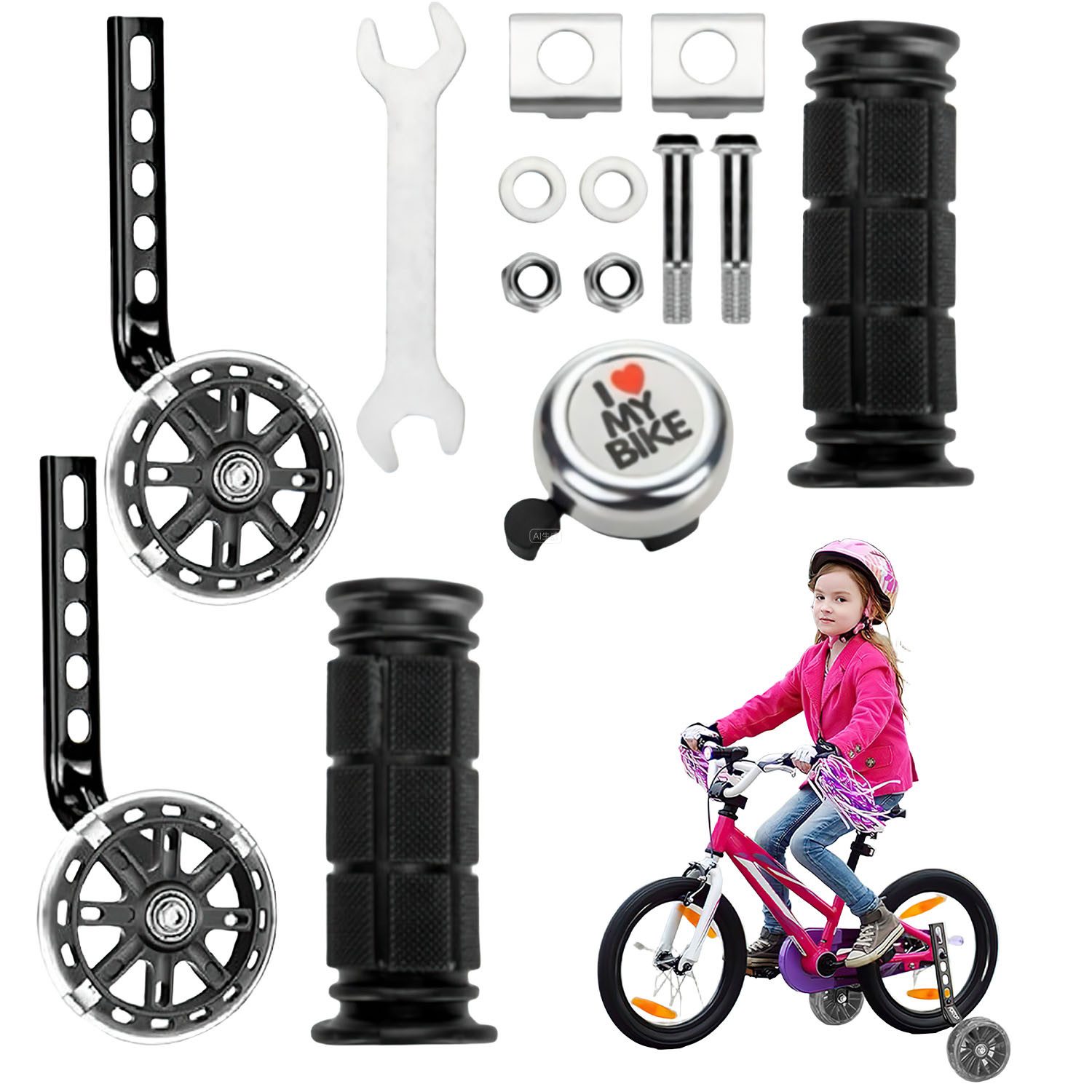 HEYHIPPO Fahrrad-Stützrad Verstellbare Kinderfahrrad Stützräder für 12-20 Zoll Fahrräder (Stabile Kinderfahrrad Stützräder mit Griff, Klingel und Blinkrädern), Robuste Trainingsräder mit verstärktem Stabilisator, verstellbar
