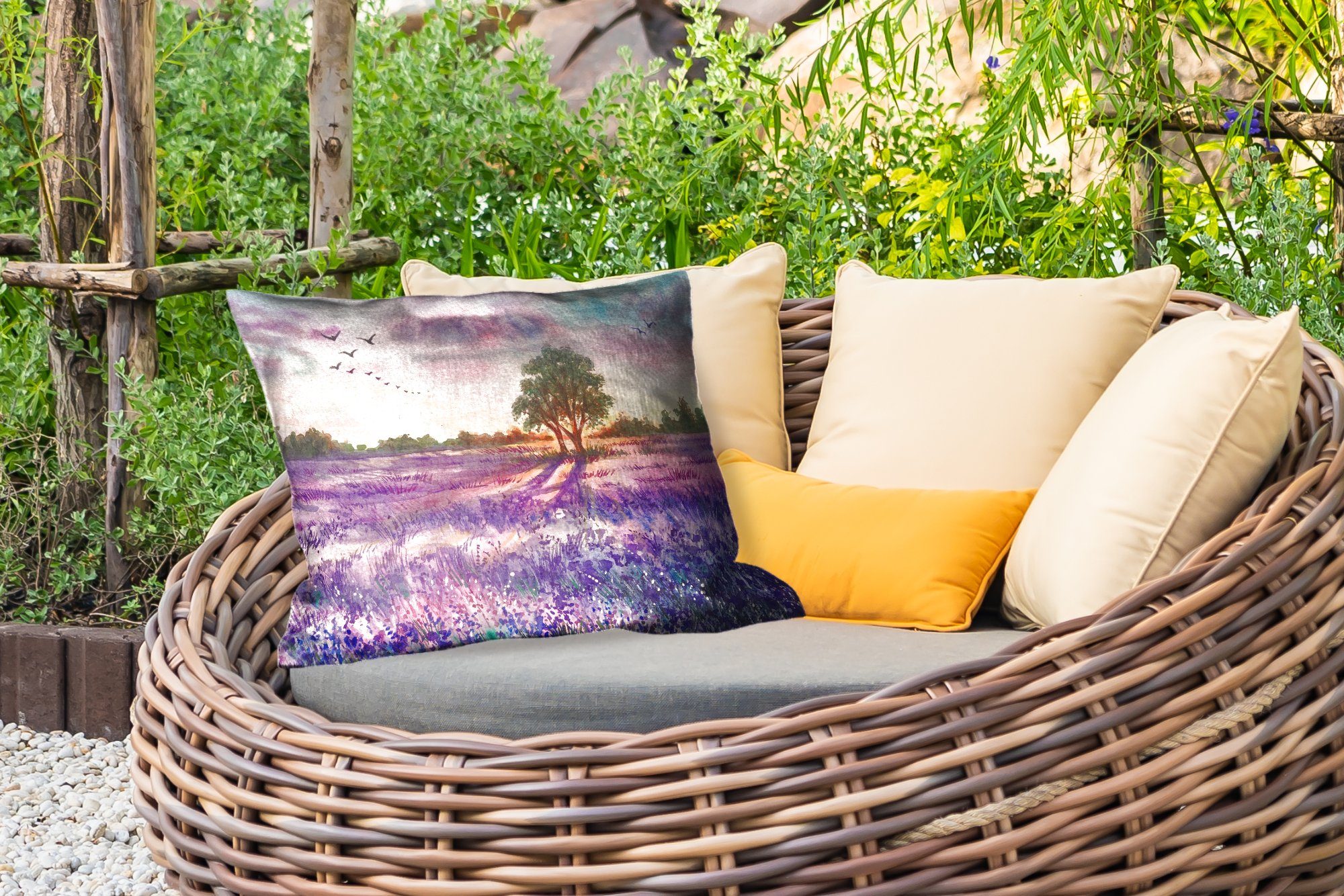 Dekokissen - Polyester, - - Outdoor-Dekorationskissen, Bäume - Lila, Dekokissenbezug, Kissenhülle Lavendel Vögel Farbe MuchoWow