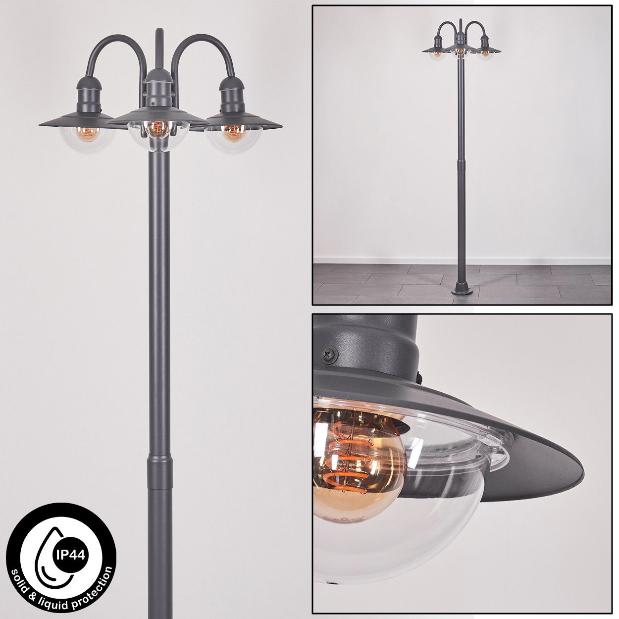 hofstein Außen-Stehlampe Wegeleuchte aus Metall/Milchglas in Anthrazit/Klar, ohne Leuchtmittel, Kandelaber 3-flammig in Look, 200cm, IP44, 3 x E27, ohne Leuchtmittel