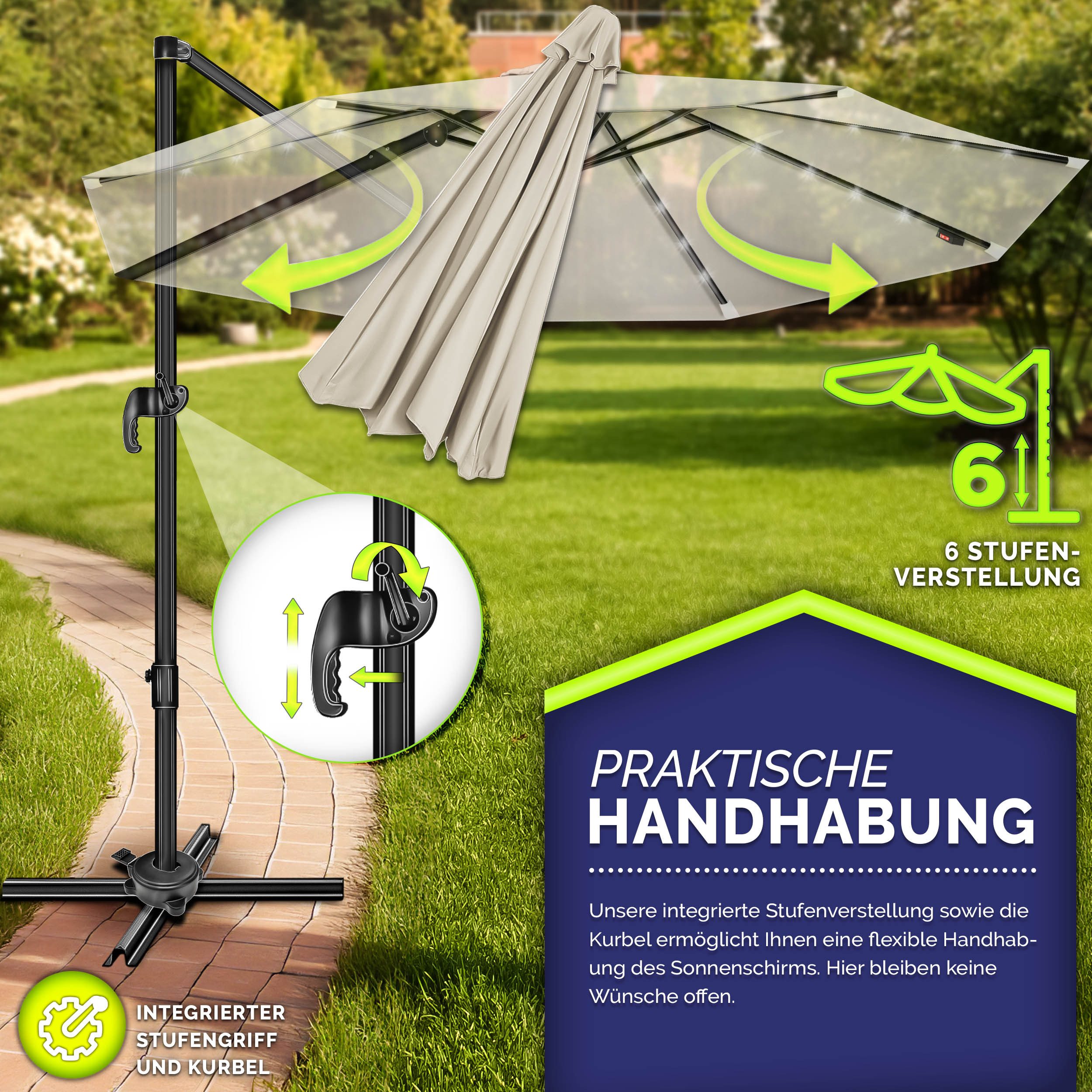 tillvex Sonnenschirm tillvex® LED Premium Alu Sonnenschirm 330 cm + Abdeckung & Windsicheru, Premium-Series, inkl. Regenabdeckung, Ampelschirm 6-fach Verstellba – Bild 3 von 5