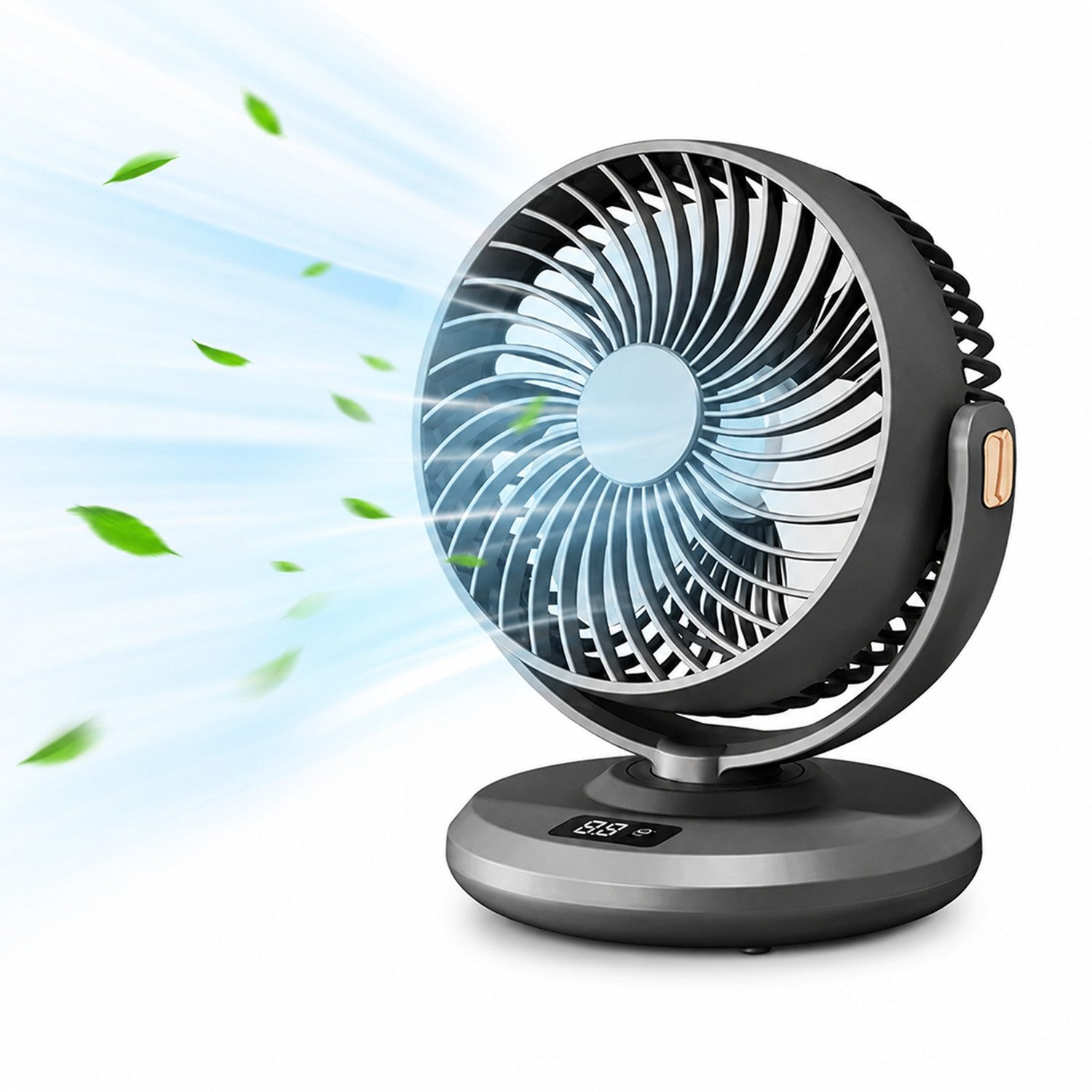 MOPUEA Tischventilator Akku Tischventilator Schwenkbar Mit LED Anzeige 5 Stufen 2 In 1 Design, 90 Grad Schwenkfunktion leiser Betrieb und Akku Nutzung