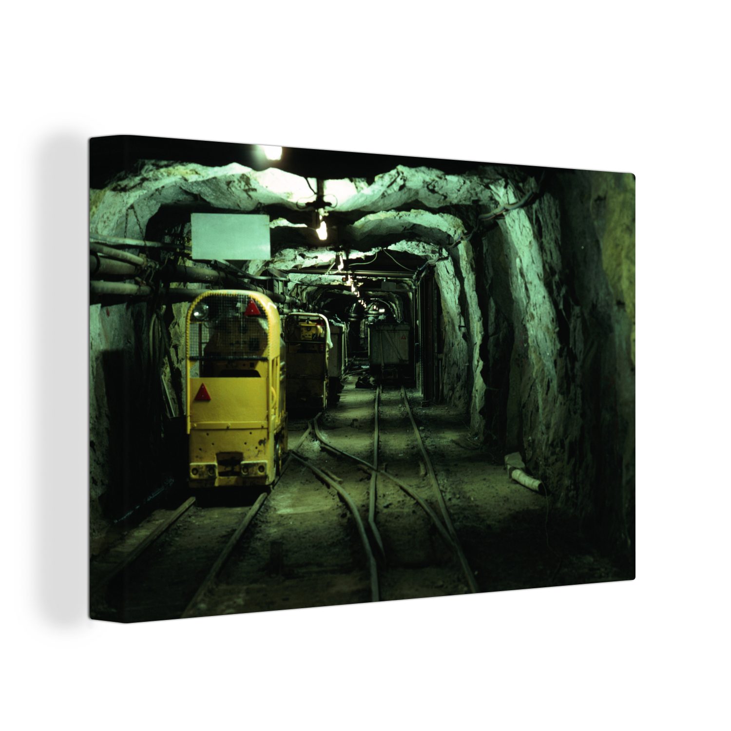 OneMillionCanvasses® Leinwandbild 30x20 (1 dunklen cm Aufhängefertig, Bergwerk, Schienen Karren in Wanddeko, St), Leinwandbilder, Wandbild auf den einem