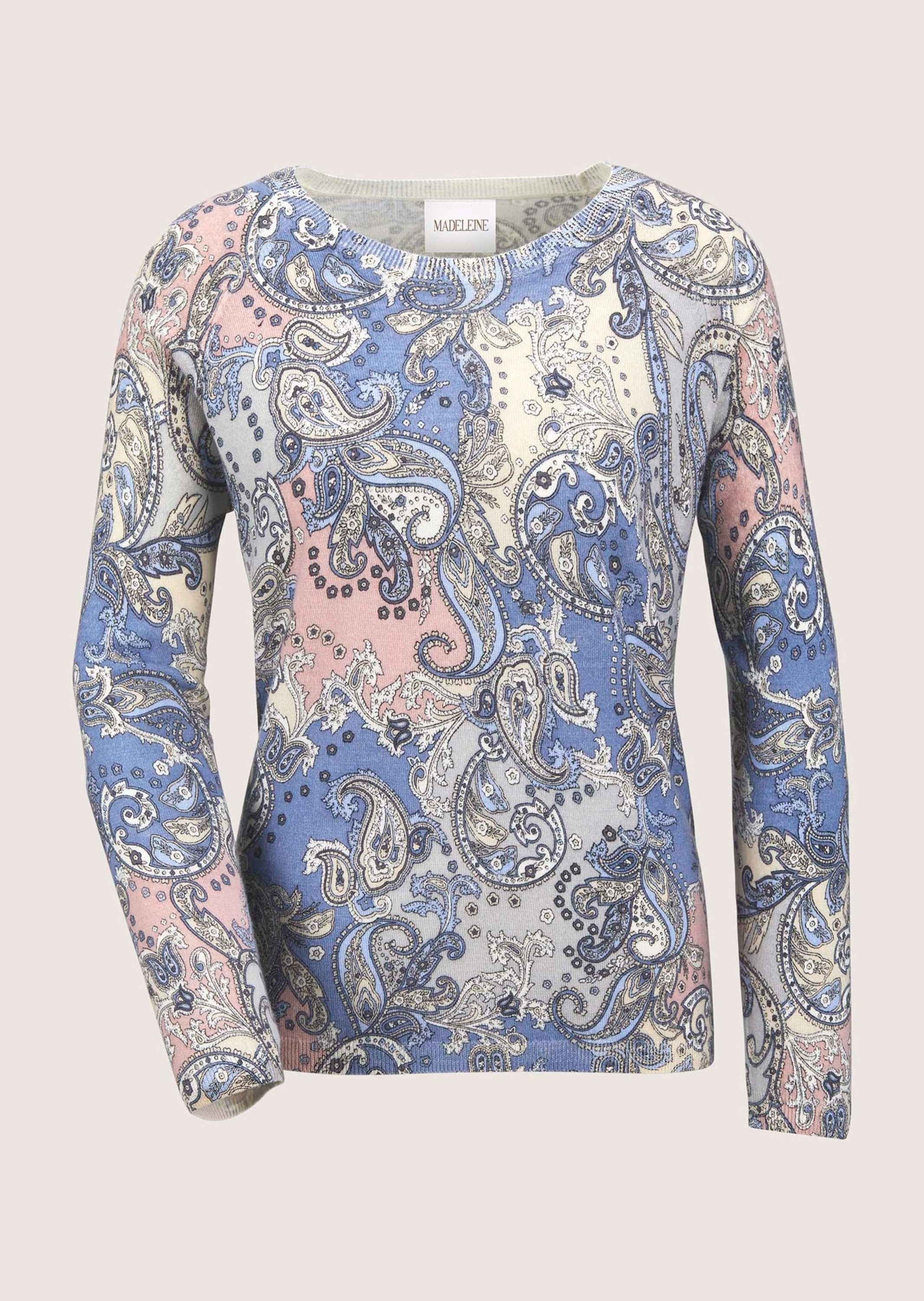 MADELEINE Strickpullover Eleganter Wollpullover mit Paisley-Muster Printpullover mit Rundhals und langen Raglanärmeln