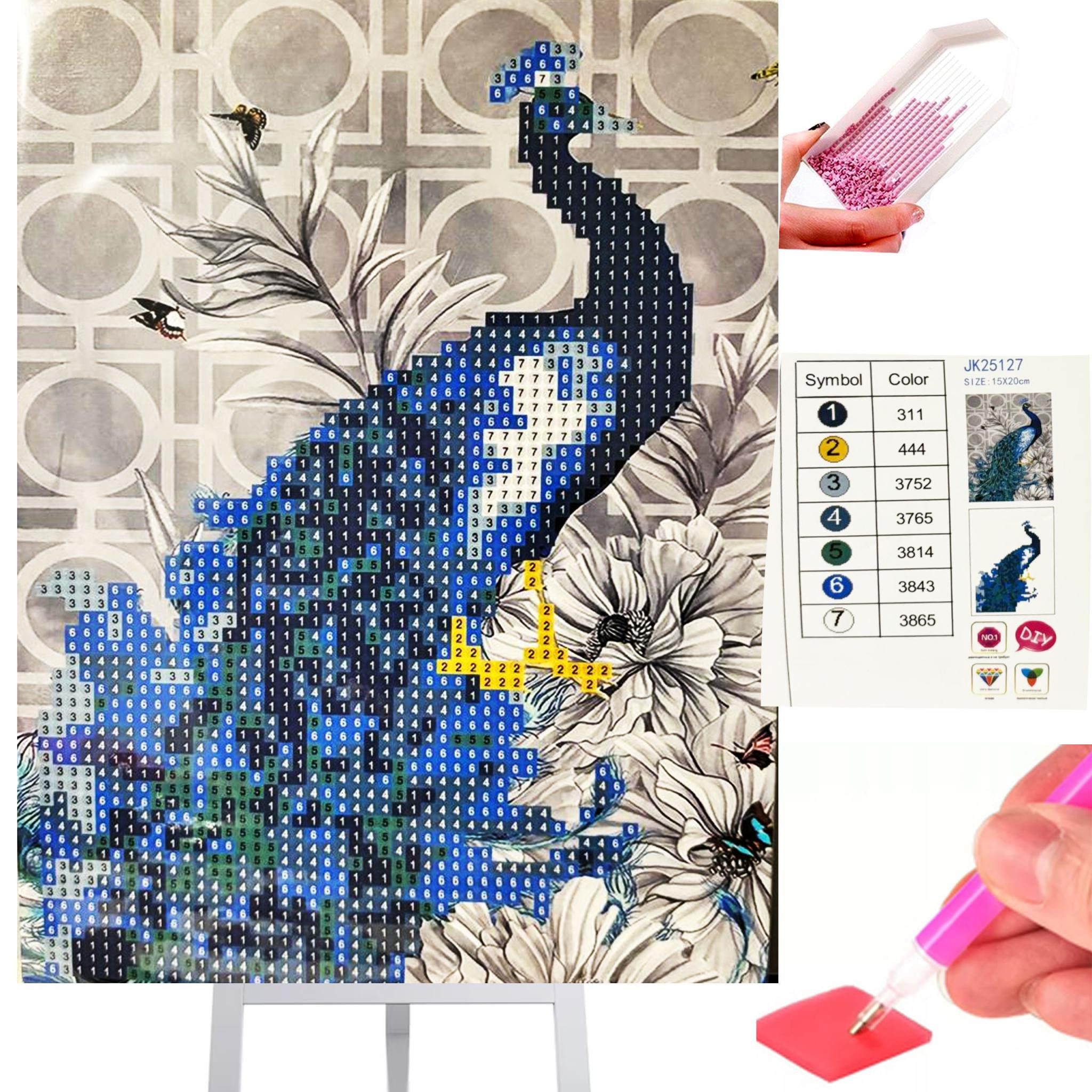 Realb2b Malen nach Zahlen 5d Diamond Painting Pfau Staffelei Malen nach Zahlen 15x20cm (Komplettset für 5D Diamond Painting inklusive Leinwand, Diamanten und Werkzeugen, Diamond Painting Set mit Zubehör für DIY-Kreativität und Entspannung), 15x20cm 5D Dia
