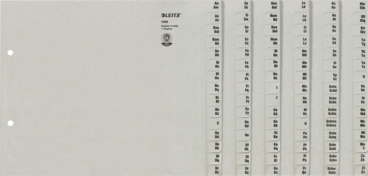 LEITZ Aktenordner Registerserie A4 1/2 Höhe Tauenpapier A-Z 6 Abläufe grau