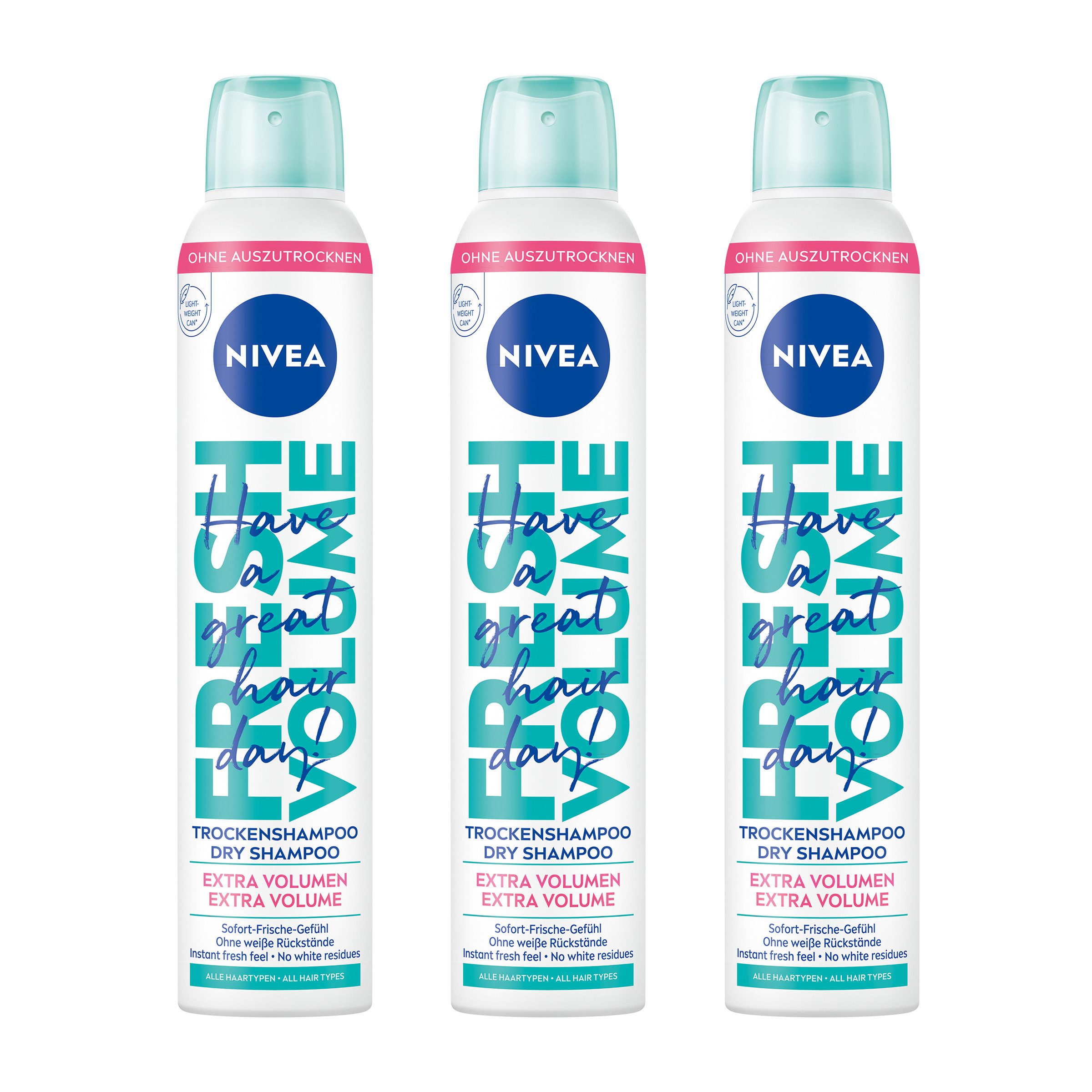 Nivea Trockenshampoo Hair Care Trockenshampoo Fresh Volume mild vegan 3 x 200 ml, 3-tlg., Hinterlässt keine weißen Rückstände und trocknet das Haar nicht aus