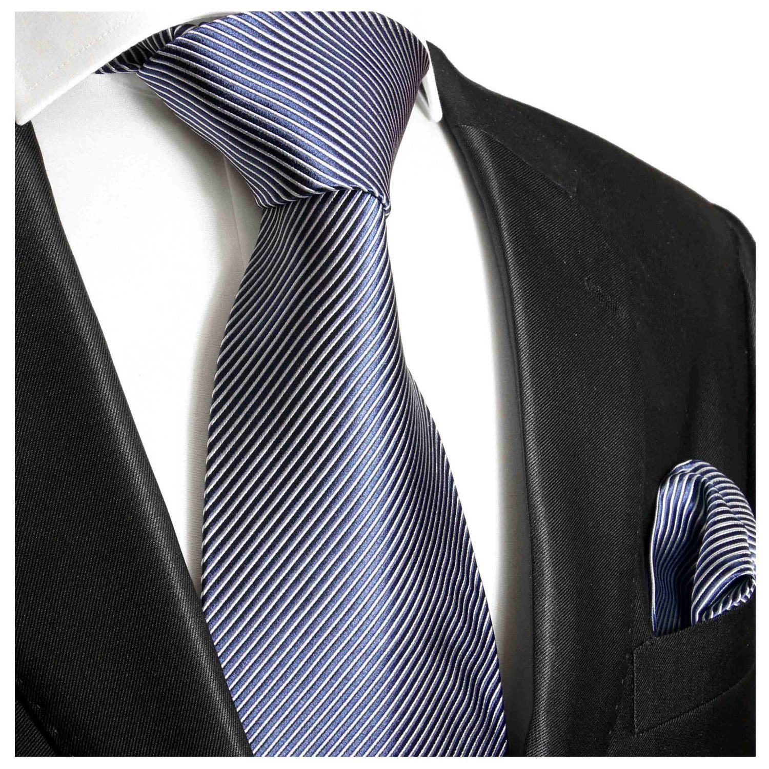 Paul Malone Krawatte Herren Seidenkrawatte und Tuch modern gestreift 100%  Seide (Set, 2-St., Krawatte mit Einstecktuch) Breit (8cm), Extra lang (165cm),  blau 519