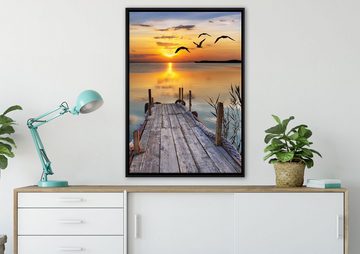 Pixxprint Leinwandbild Steg bei Sonnenuntergang, Wanddekoration (1 St), Leinwandbild fertig bespannt, in einem Schattenfugen-Bilderrahmen gefasst, inkl. Zackenaufhänger