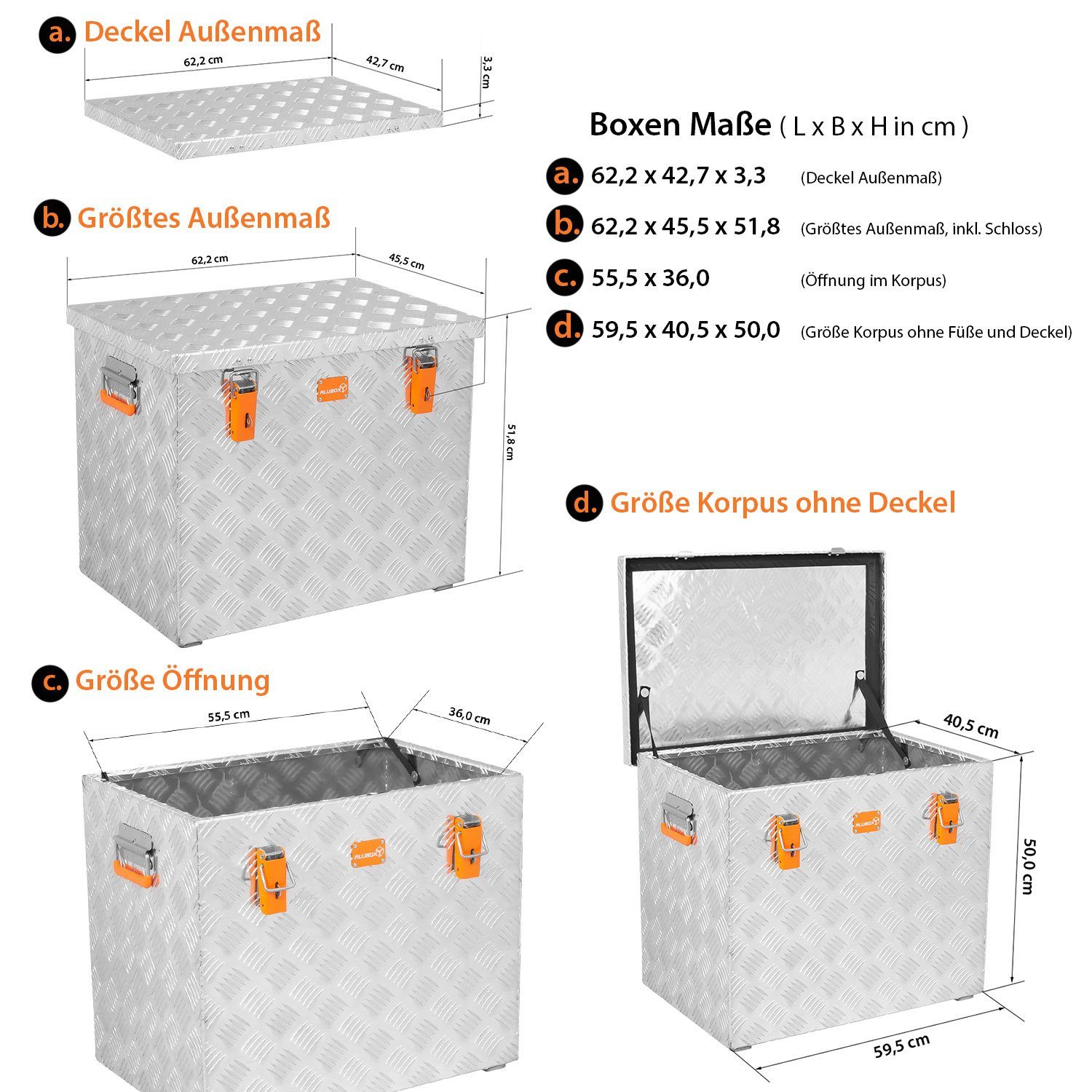 ALUBOX Aufbewahrungsbox aus Aluminiumriffelblech massive Transportkiste (120 Liter), Fangbänder & Gasdruckdämpfer im Deckel