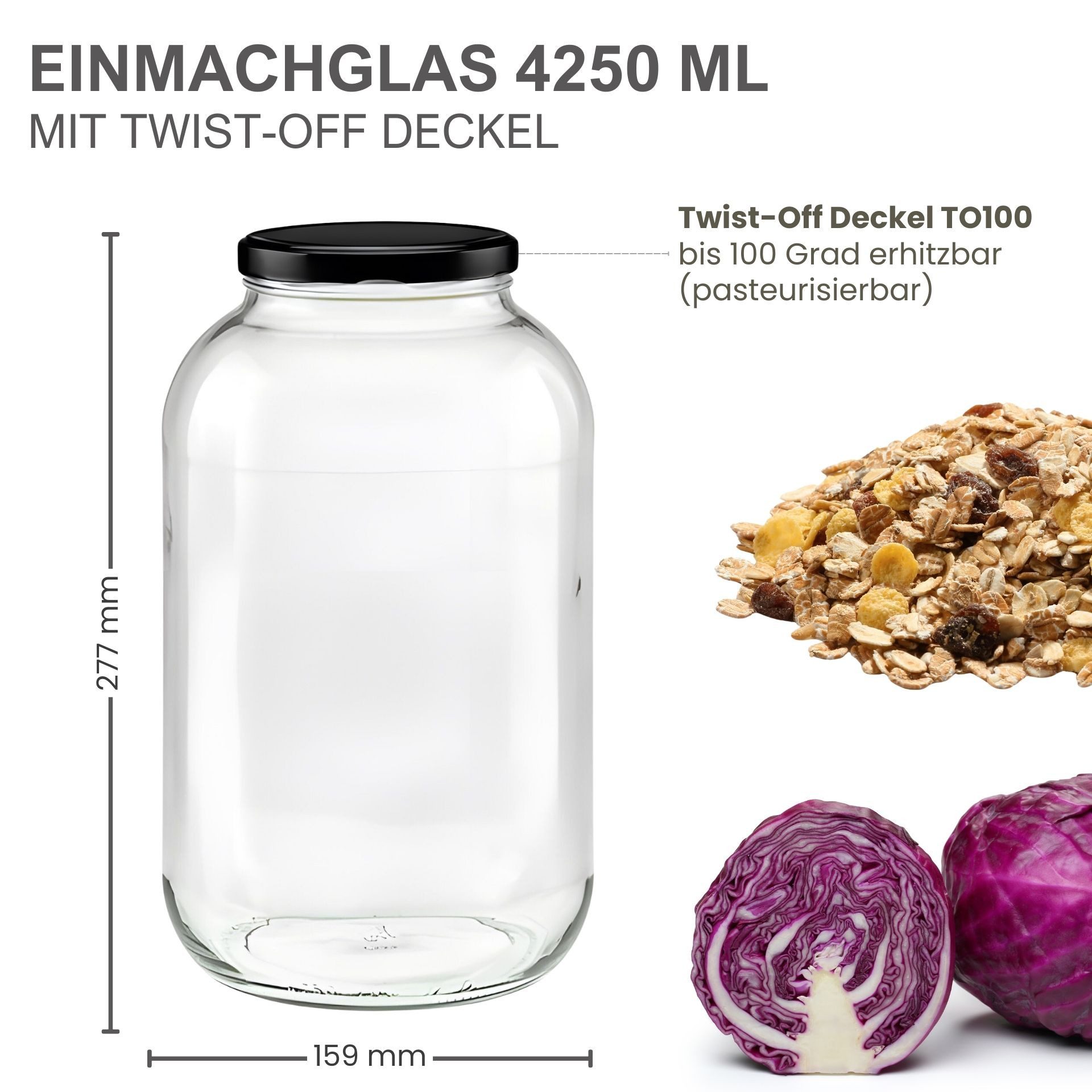 mikken Einmachglas XL Vorratsgläser 4250 ml - 2 große Einmachgläser, (Spar-Set, 2er Set Einmachgläser), mit Twist-Off Deckel TO100 und 2 Etiketten zum Beschrift – Bild 3 von 4
