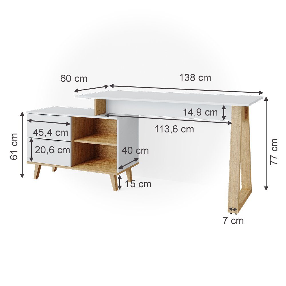 Vicco Schreibtisch Nautica, Weiß/Eiche, 138 x 60 cm mit Schubladen XL (1-St)