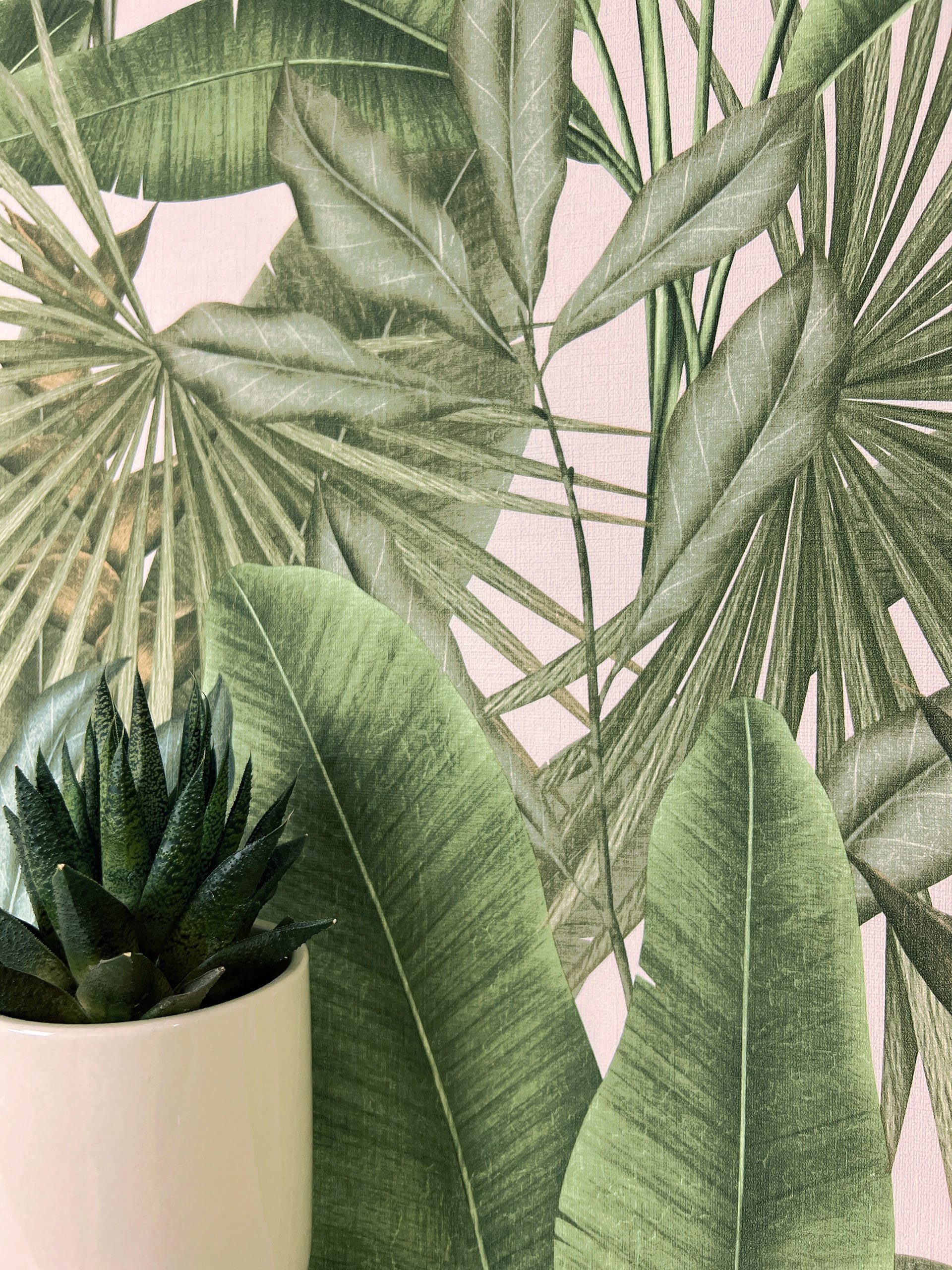 Newroom Vliestapete Bamba Green Tapete Mustertapete Dschungel,Palmen,Blätter, Grün Tapete Modern Dschungel - Mustertapete Blumentapete Weiß Tropisch Floral Palmen Blätter für Schlafzimmer Wohnzimmer Küche, Blumentapete