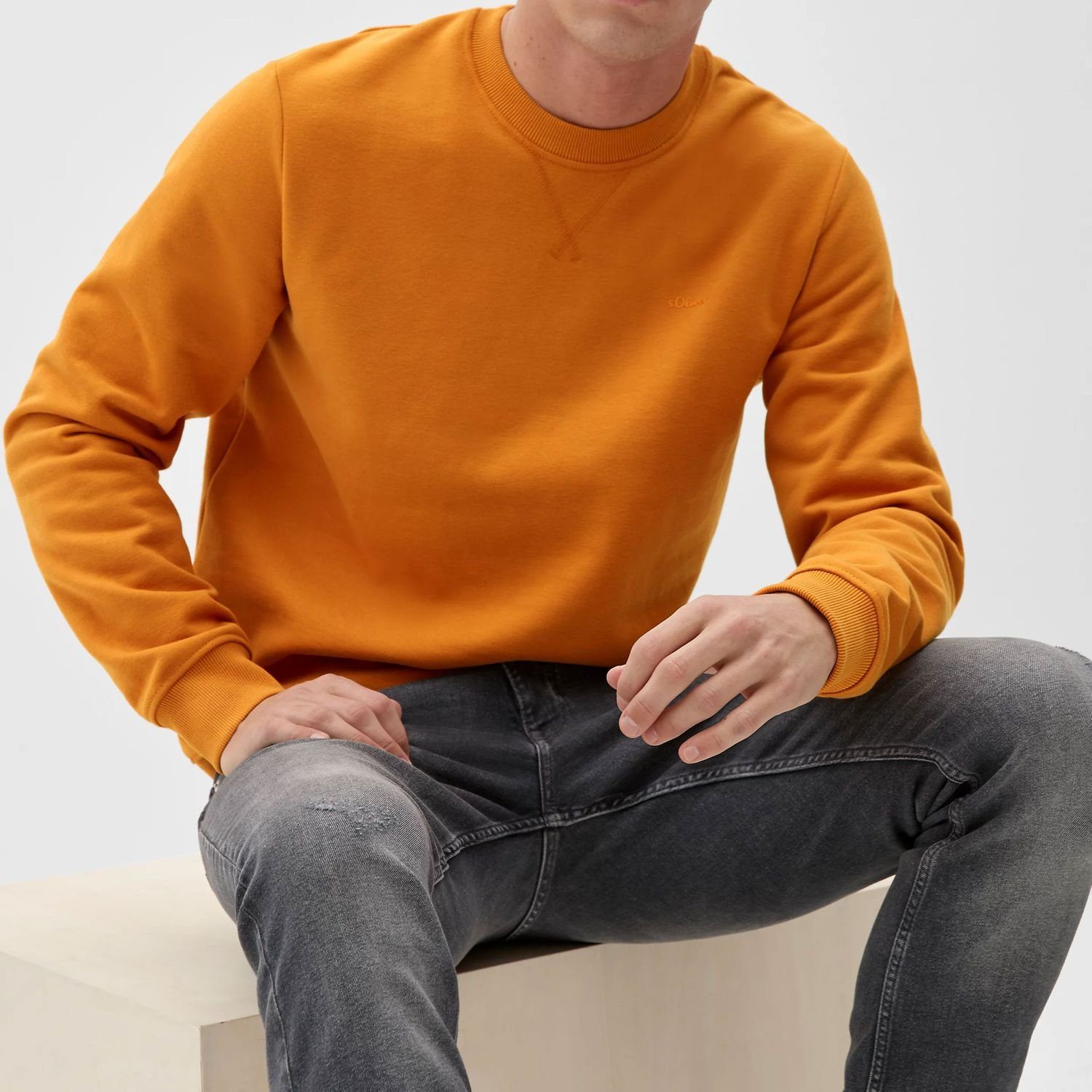 s.Oliver Longsweatshirt Langarm, (1-tlg) Casual Orange Rippbündchen Logo, Rundhals