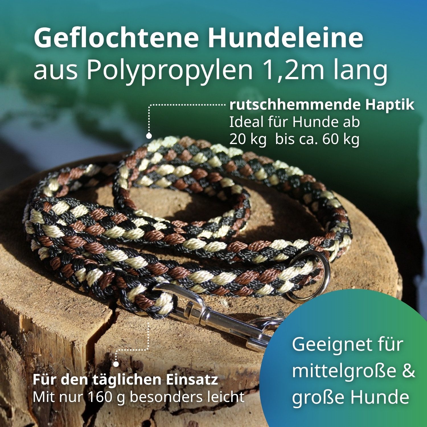 Activity4Dogs Hundeleine große Hunde bis 60 kg, mehrfarbig geflochten, 1,2 m lang, mit Schlaufe, ohne Naht, Qualität aus Deutschland
