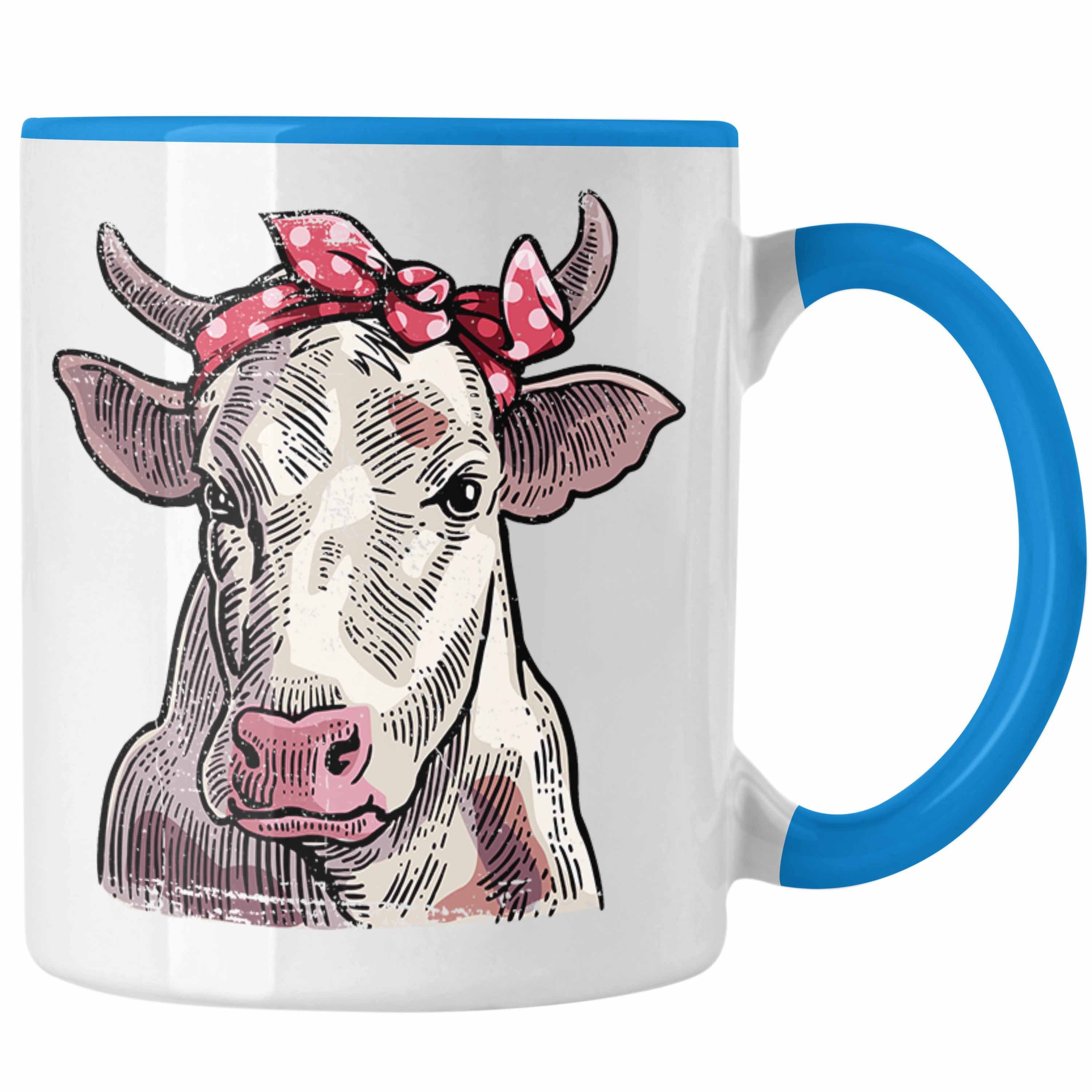 Trendation Tasse Trendation - Süße Kuh Tasse Geschenk für Landwirt Bauern Geschenkidee Geburtstag Frauen Blau