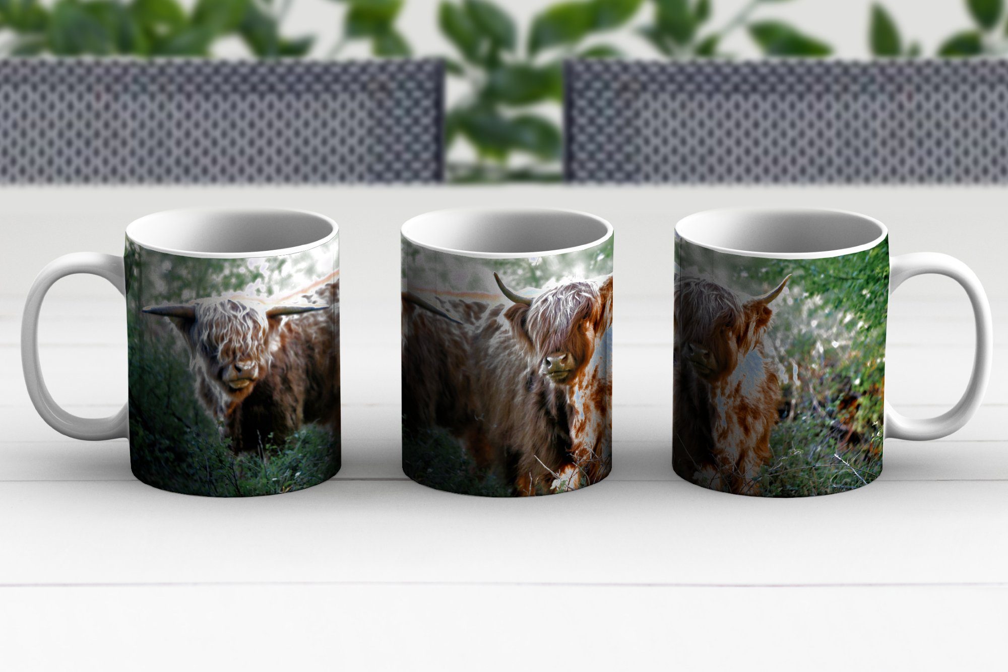 Geschenk Highlander Wald Teetasse, Kaffeetassen, - Tiere, Becher, Schottische Teetasse, - Keramik, MuchoWow Tasse