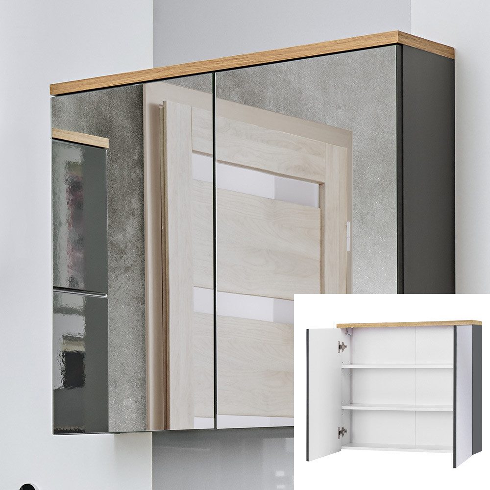 Lomadox Spiegelschrank SOLNA-56 80 cm, grau mit Wotaneiche, B x H x T ca. 80 x 70 x 20cm