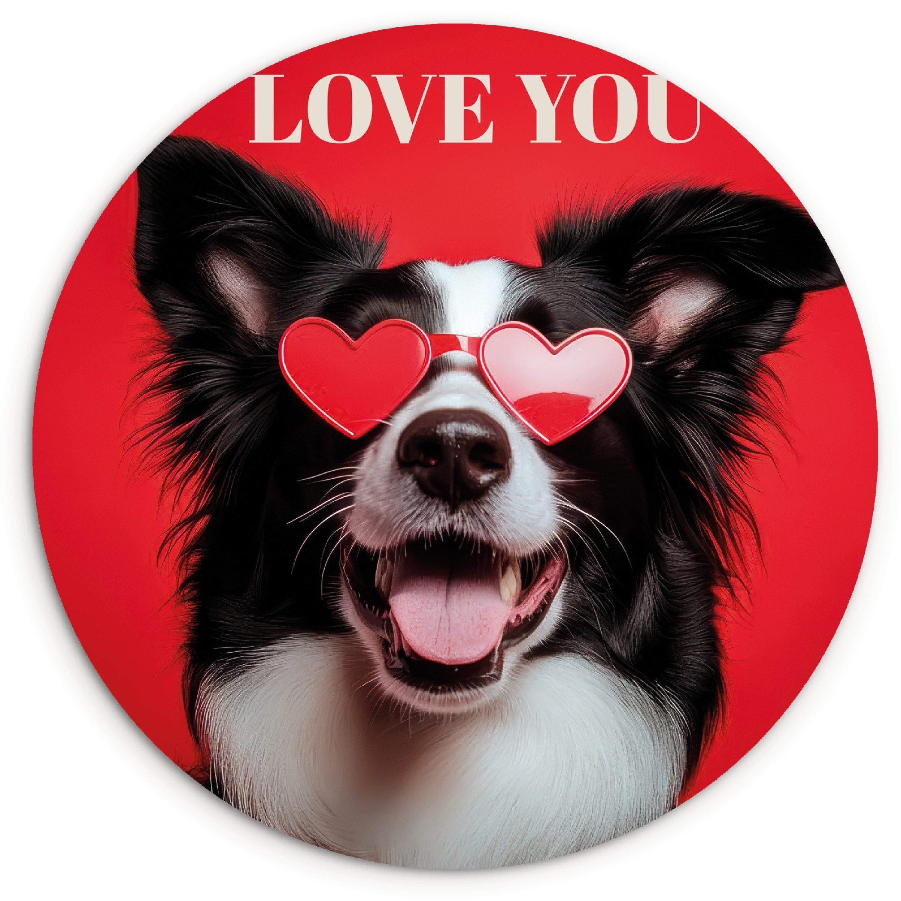 MuchoWow Gemälde Hund - Herz-Brille - Loveyou - Rot, Fotodruck (1 St), Kreis Wanddekoration, Rundes Wandbild, 30x30 cm