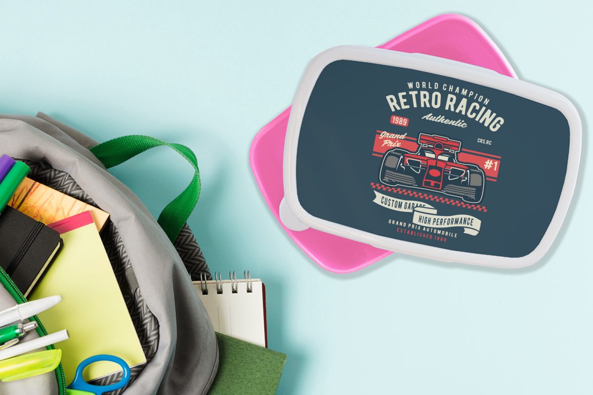 Kinder, Brotbox Zeichnung, Rennwagen Brotdose Lunchbox Vintage - für Mädchen, Kunststoff, Kunststoff MuchoWow Rot - Erwachsene, - Snackbox, rosa (2-tlg),
