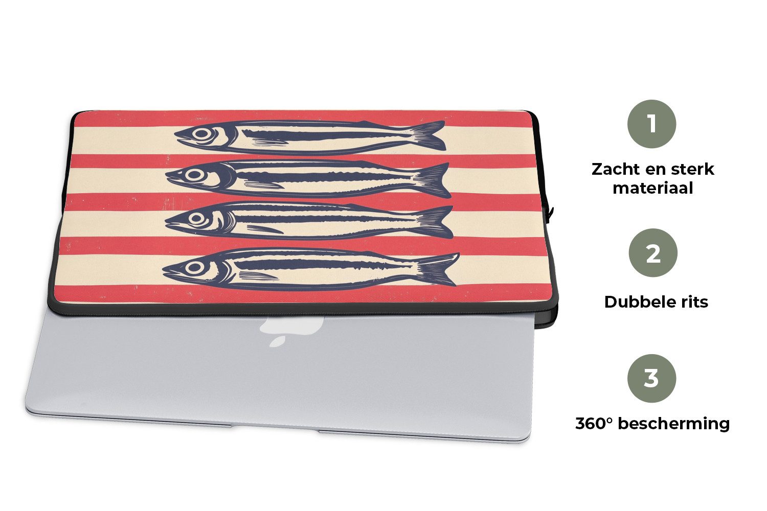 MuchoWow Laptop-Hülle Sardinen - Rot und beige gestreift 13.3 Zoll, Laptopsleeve, weiches Innenfutter zum Schutz Kratzern, Laptoptasche – Bild 4 von 5