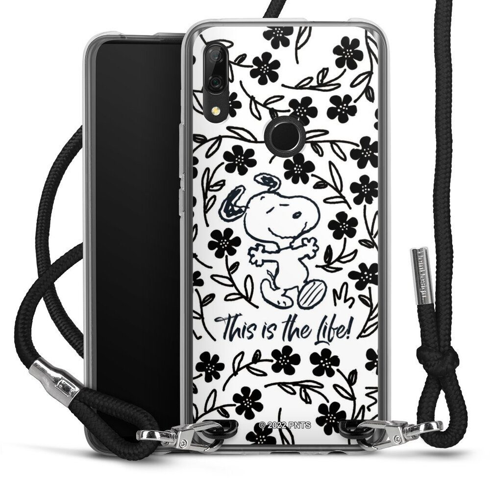 DeinDesign Handyhülle Peanuts Blumen Snoopy Snoopy Black and White This Is The Life, Huawei P Smart Z Handykette Hülle mit Band Case zum Umhängen