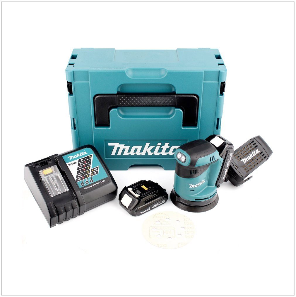 180 + Makita Exzenterschleifer DBO 2x 1,5Ah RYJ 18 V Akku Exzenterschleifer + + Akku Ladegerät