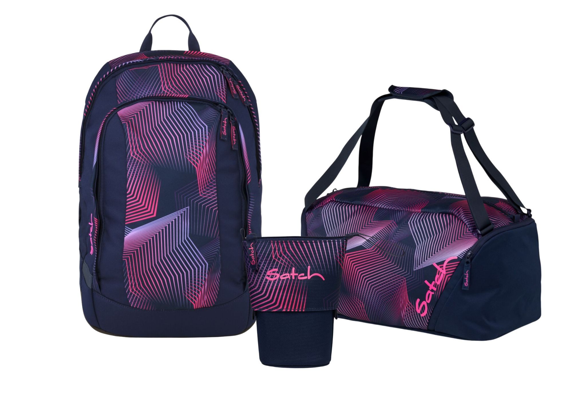 Satch Schulranzen Schulrucksack-Set AIR Seismic Pink 3-teilig (3-teilig), Schulranzen, ergonomisch, Laptop-Fach, Your-Size-System