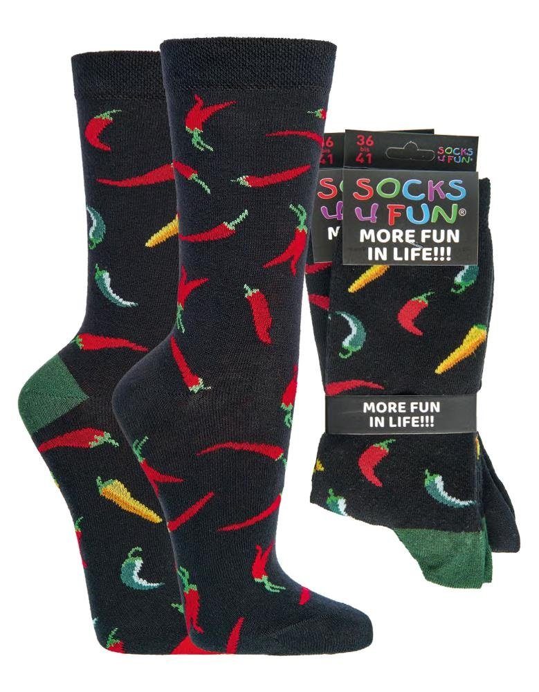 Fun 2 (2-Paar, 2er Socks Freizeitsocken 4 Motivsocken Fun Paar) Bündel 4 Damen Chili Herren Socks