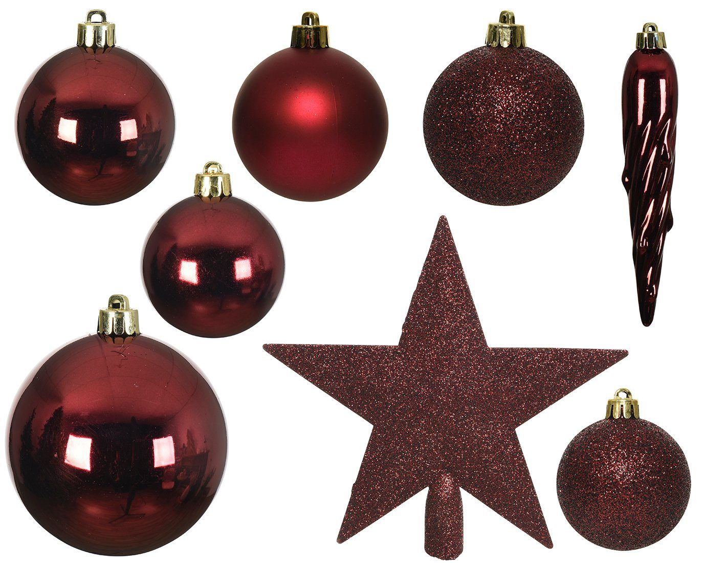Decoris season decorations Weihnachtsbaumkugel, Weihnachtskugeln mit Christbaumstern Kunststoff ochsenblut 33er Set