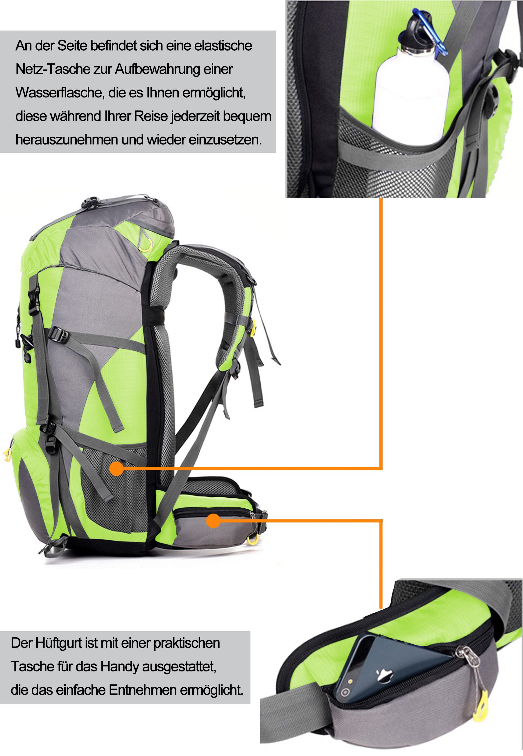 RAIKOU Wanderrucksack 50L Trekkingrucksack Wasserdicht, Reisetasche Ultralight (Regenhülle, Hüftgurt mit praktischen Taschen), Atmungsaktives Tragesystem