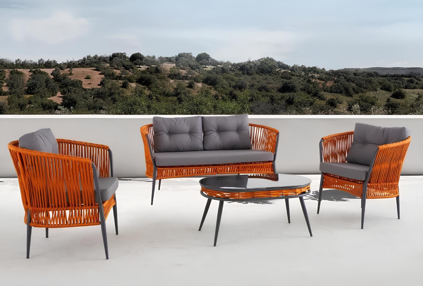 Xlmoebel Gartenlounge-Set Set mit Zweisitzer-Sofa Sessel und Couchtisch für den Orangengarten, (3-tlg., 4tlg.Veranda Set (Sofa 2 + 1 + 1 Sitzer + Couchtisch), Hergestellt in Europa