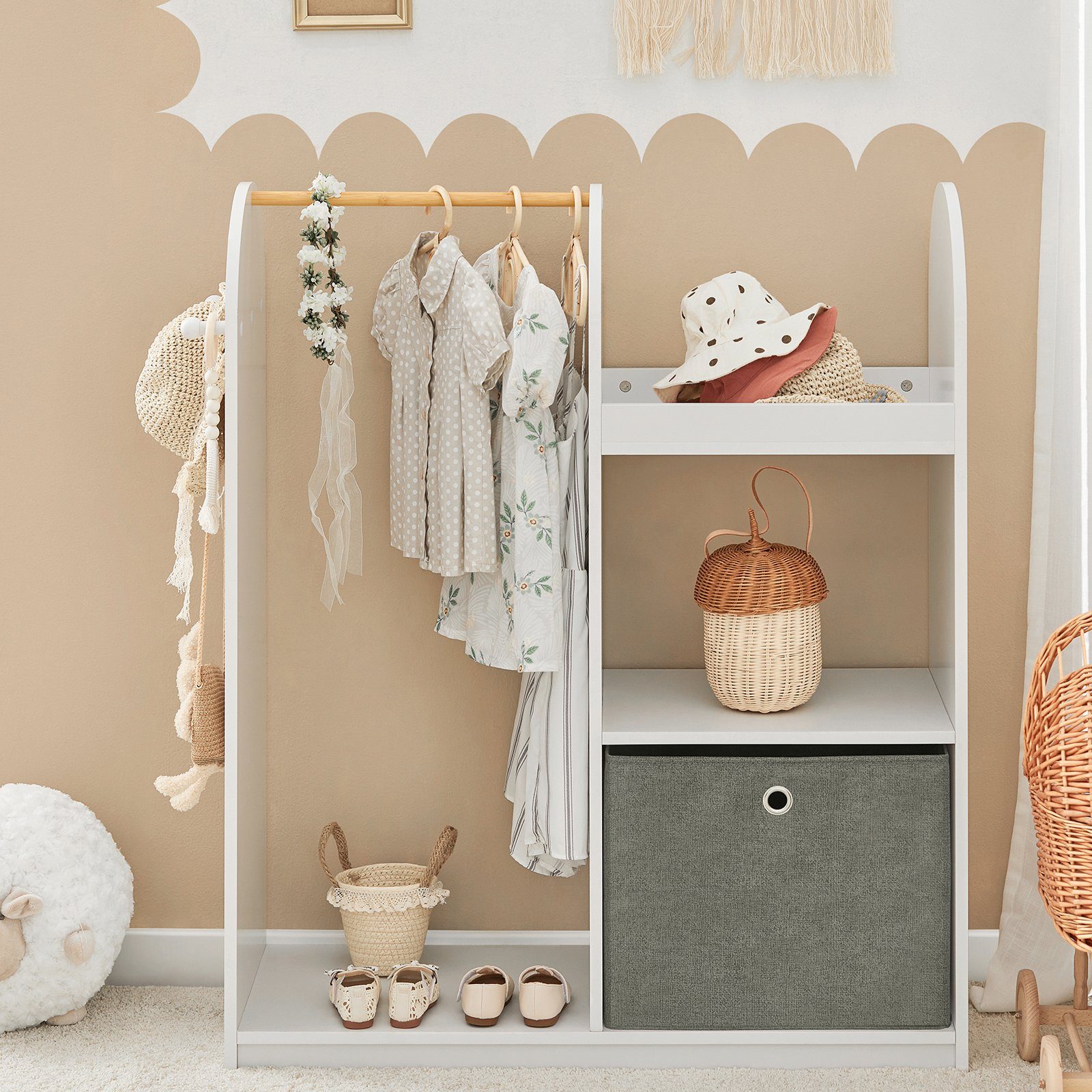 SoBuy Kleiderständer KMB40, Kinderkleiderschrank mit 3 Haken, Kleiderständer Kinder Regal, Kindergarderobe mit 3 Haken Kleiderschrank Kinderregal mit Boxen