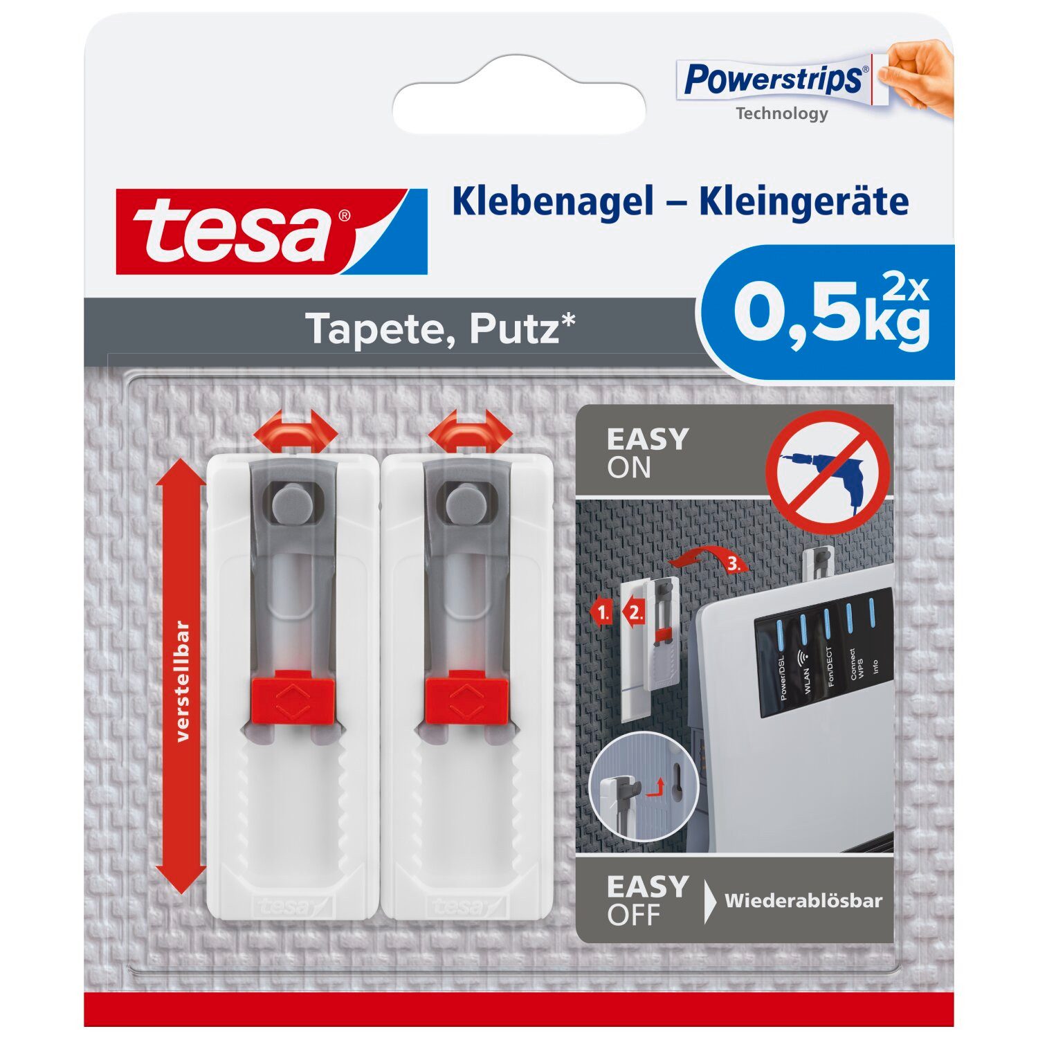 Klebehaken tesa Klebenägel Tapeten & Putz, verstellbar, Halteleistung 0,5kg/Nagel