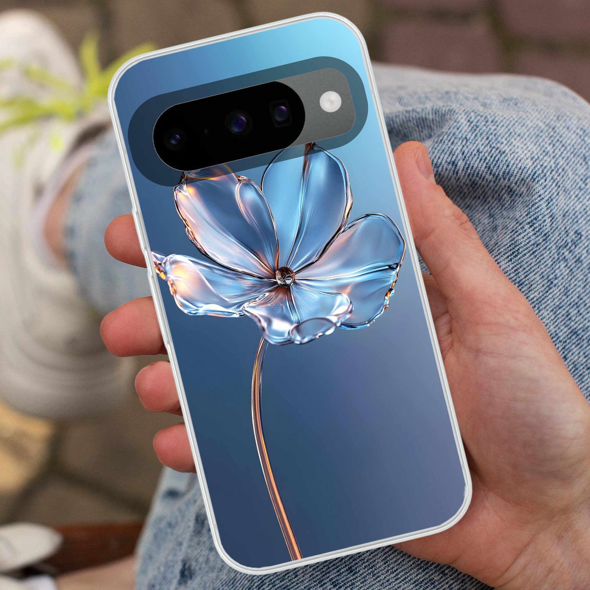MuchoWow Handyhülle für Google Pixel 10 Pro Blau - Blume - Gläser - Verziert, Handy Case, Silikon, Bumper Case Dünn