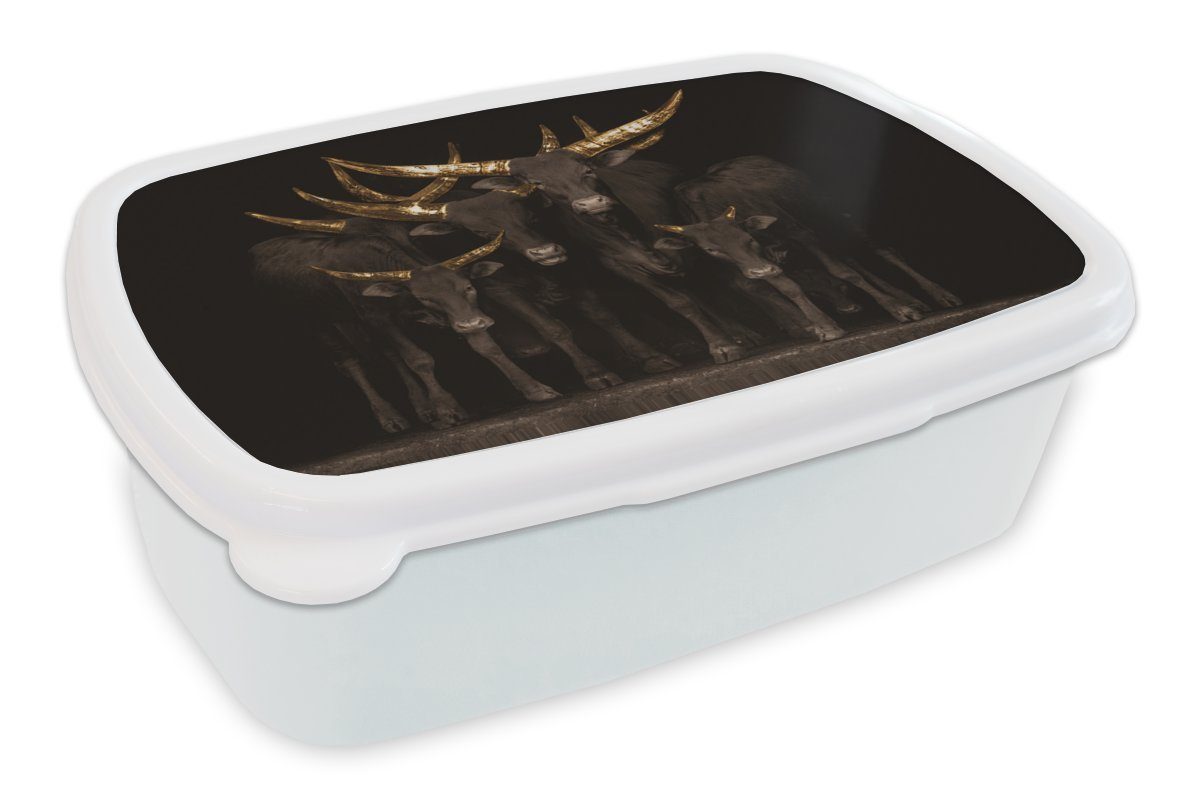 MuchoWow Lunchbox Kühe - Hörner - Gold, Kunststoff, (2-tlg), Brotbox für Kinder und Erwachsene, Brotdose, für Jungs und Mädchen weiß