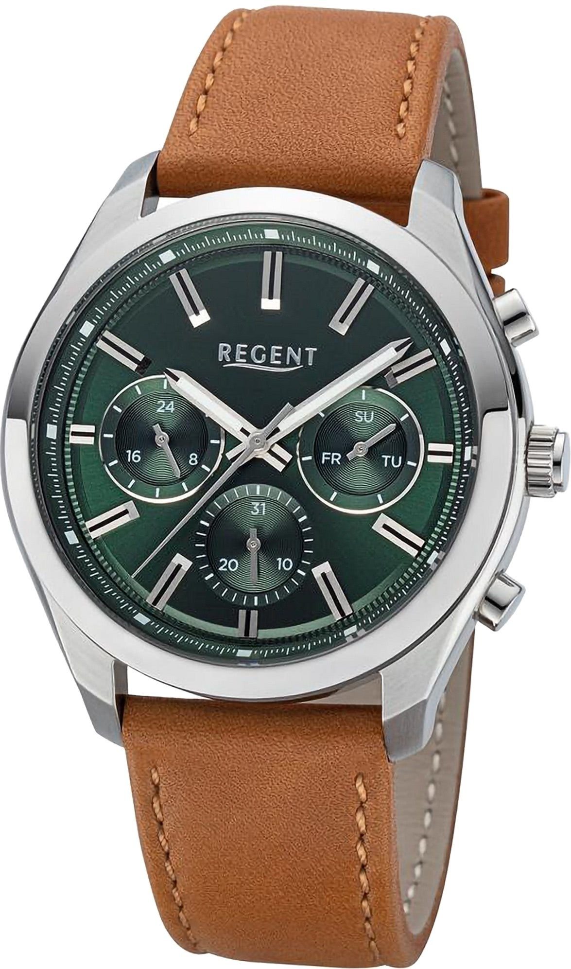 Regent Quarzuhr Regent Herren Armbanduhr Analog, Herren Armbanduhr rund, extra groß (ca. 44mm), Lederarmband