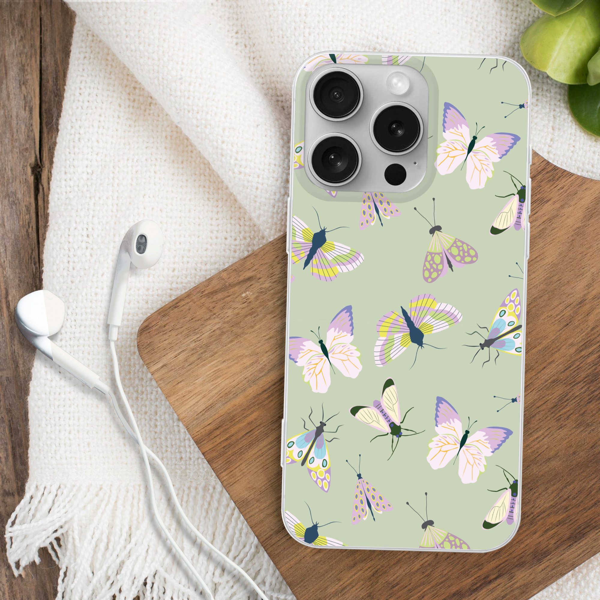MuchoWow Handyhülle für Apple iPhone 16 Pro Schmetterlinge - Insekten - Grün - Farbenfroh, Smartphone-Bumper, Print, Handy Schutzhülle Dünn